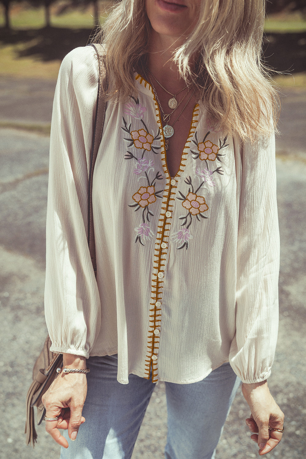 Blue Zone Planet | Beige Floral Embroidered Textured Puff Sleeve Loose Shirt-Tops/Blouses & Shirts-[Adult]-[Female]-2022 Online Blue Zone Planet