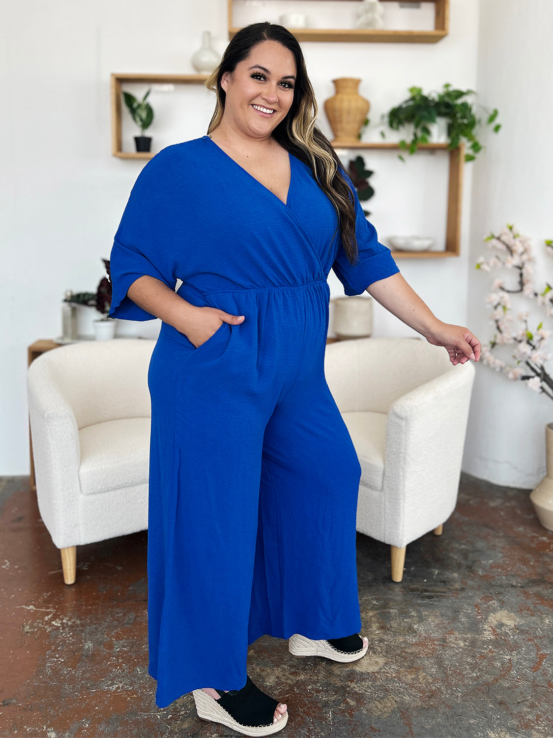 Double Take Full Size Surplice Wide Leg Jumpsuit with Pockets-TOPS / DRESSES-[Adult]-[Female]-2022 Online Blue Zone Planet