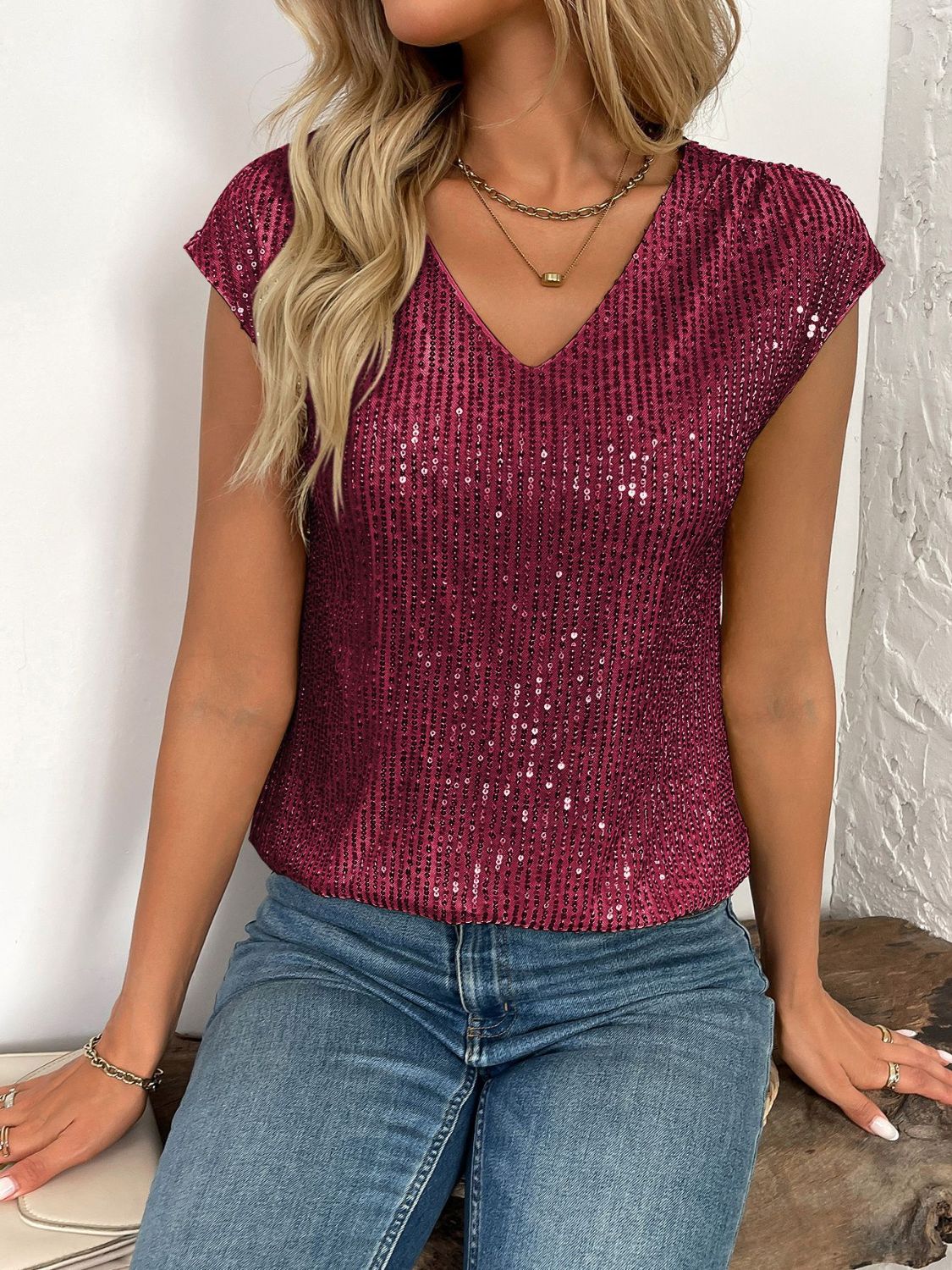 Sequin V-Neck Cap Sleeve Top-TOPS / DRESSES-[Adult]-[Female]-Burgundy-S-2022 Online Blue Zone Planet