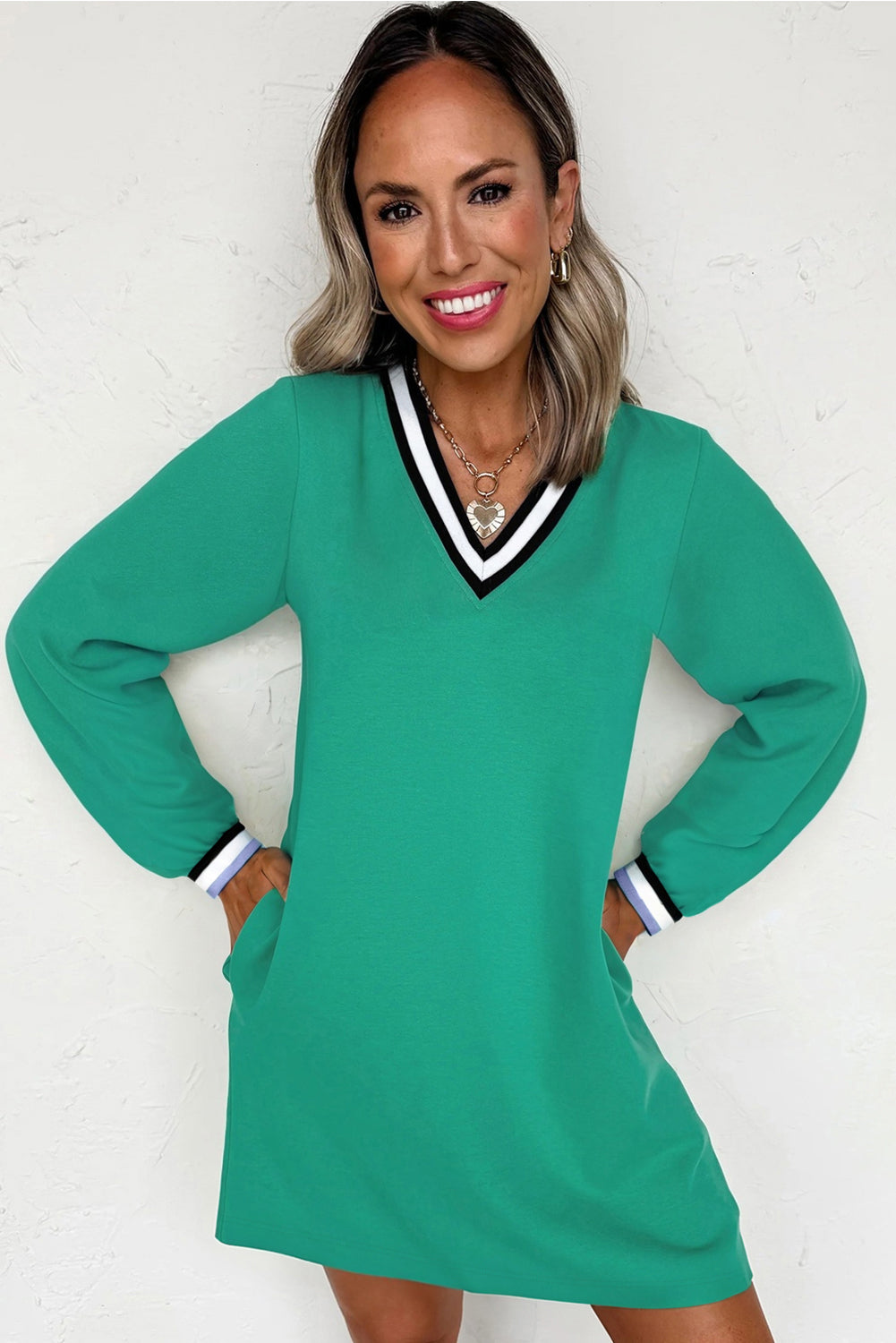 Mint Green Varsity Contrast Striped V Neck Long Sleeve T Shirt Dress with Pockets-Dresses/T Shirt Dresses-[Adult]-[Female]-2022 Online Blue Zone Planet