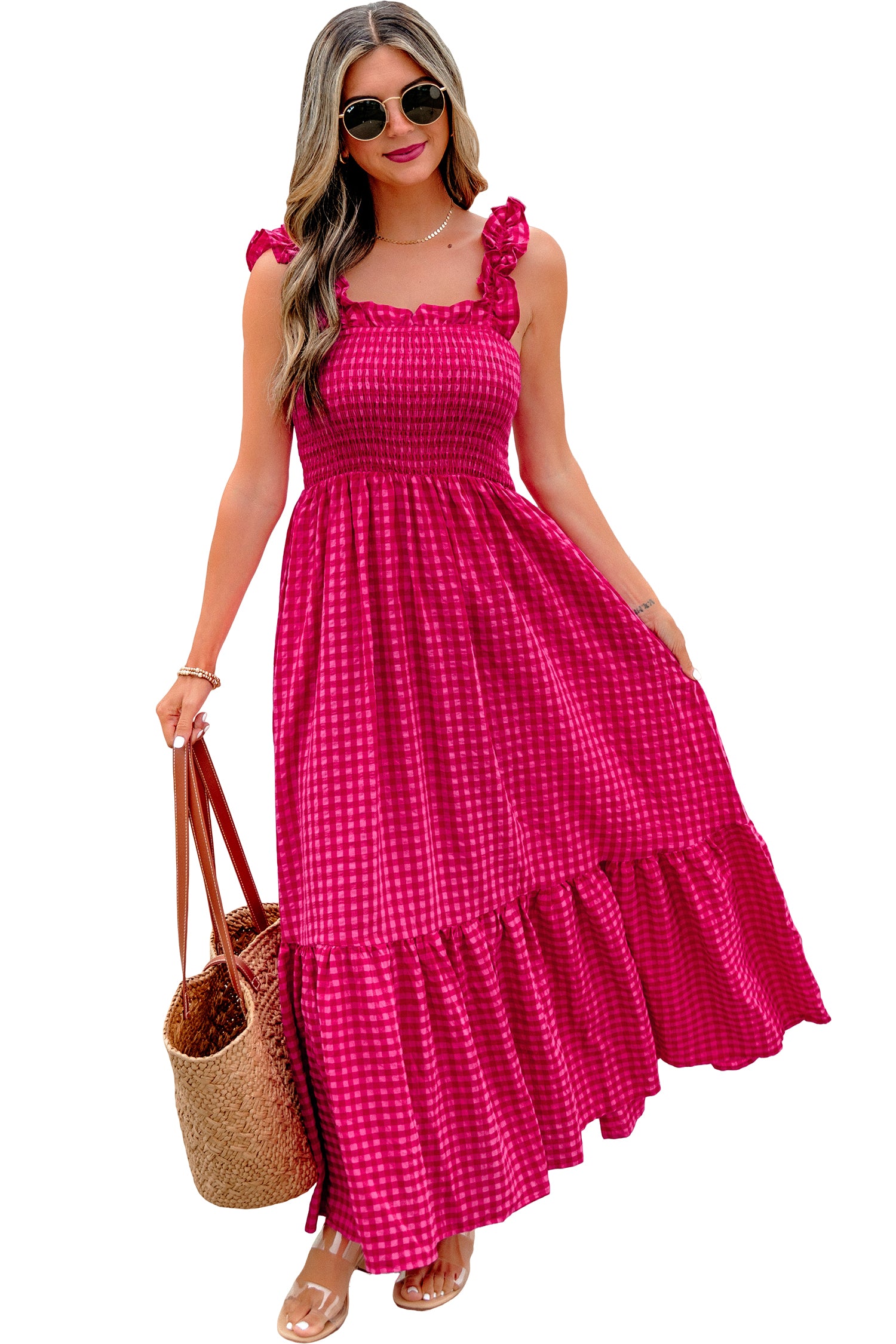 Red Plaid Square Neck Fit-and-flared Vacation Sundress-TOPS / DRESSES-[Adult]-[Female]-2022 Online Blue Zone Planet