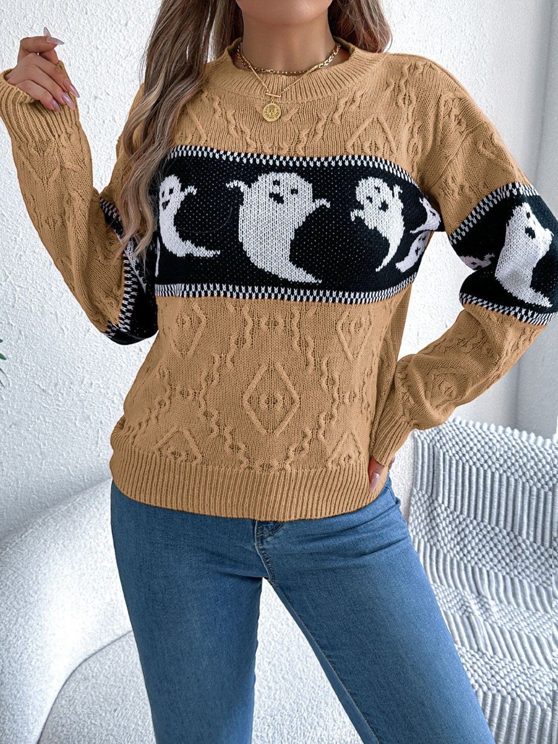 Ghost Round Neck Long Sleeve Sweater-TOPS / DRESSES-[Adult]-[Female]-Camel-S-2022 Online Blue Zone Planet