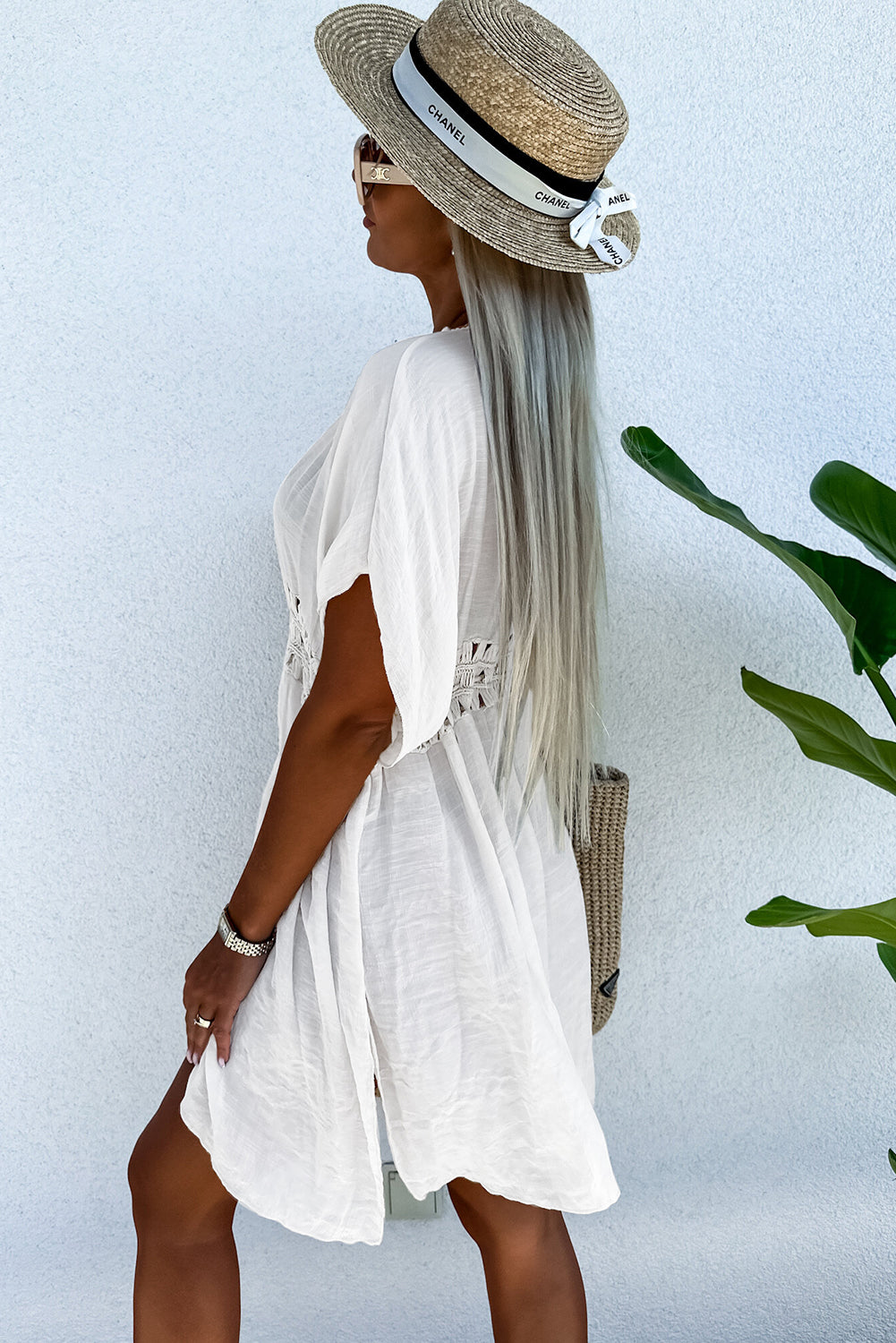 White Pom Pom Trim Drawstring Crochet Waist Beach Kimono-Swimwear/Beach Cover-ups-[Adult]-[Female]-2022 Online Blue Zone Planet