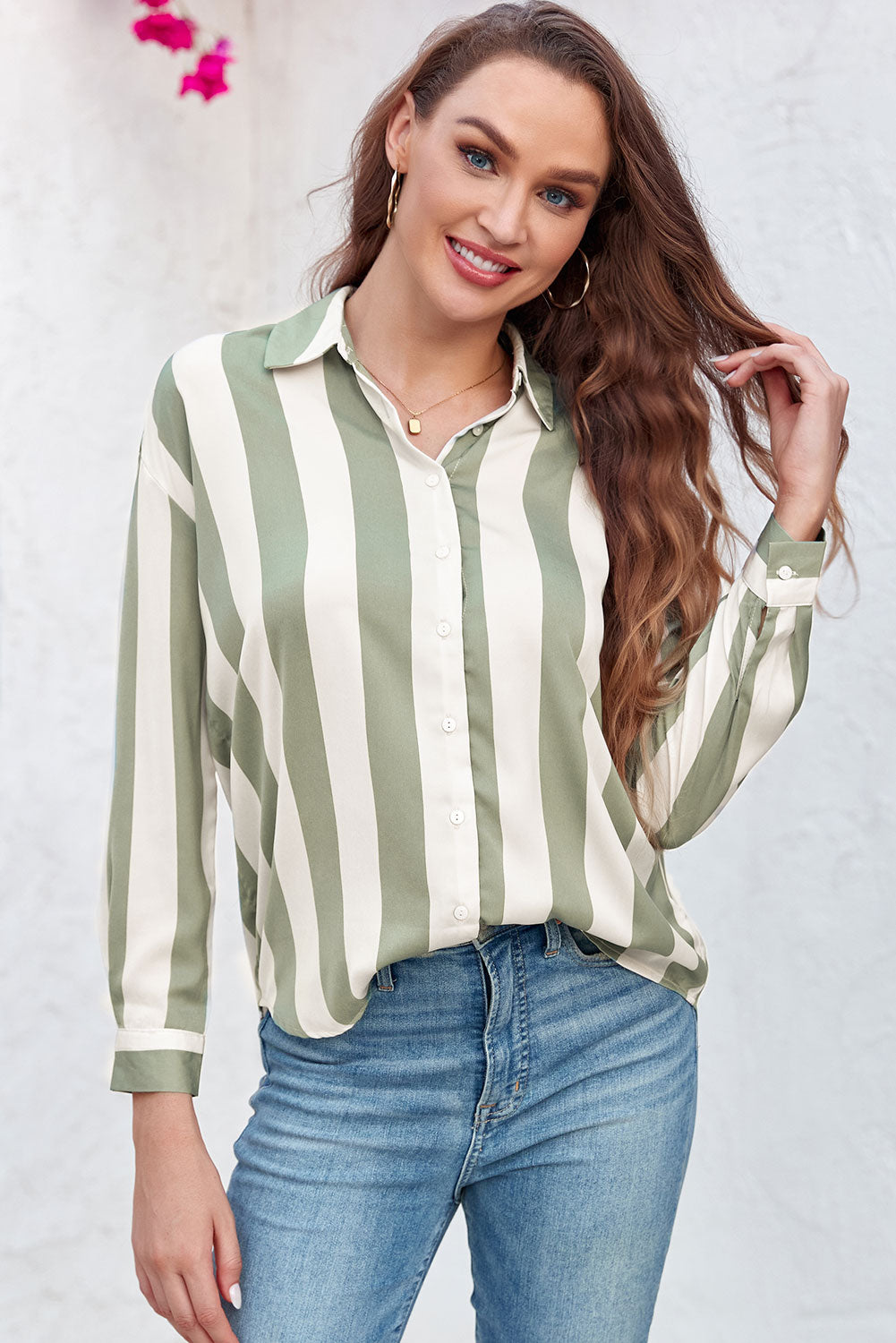 Green Striped Soft Relaxed Button Up Shirt-Tops/Blouses & Shirts-[Adult]-[Female]-2022 Online Blue Zone Planet