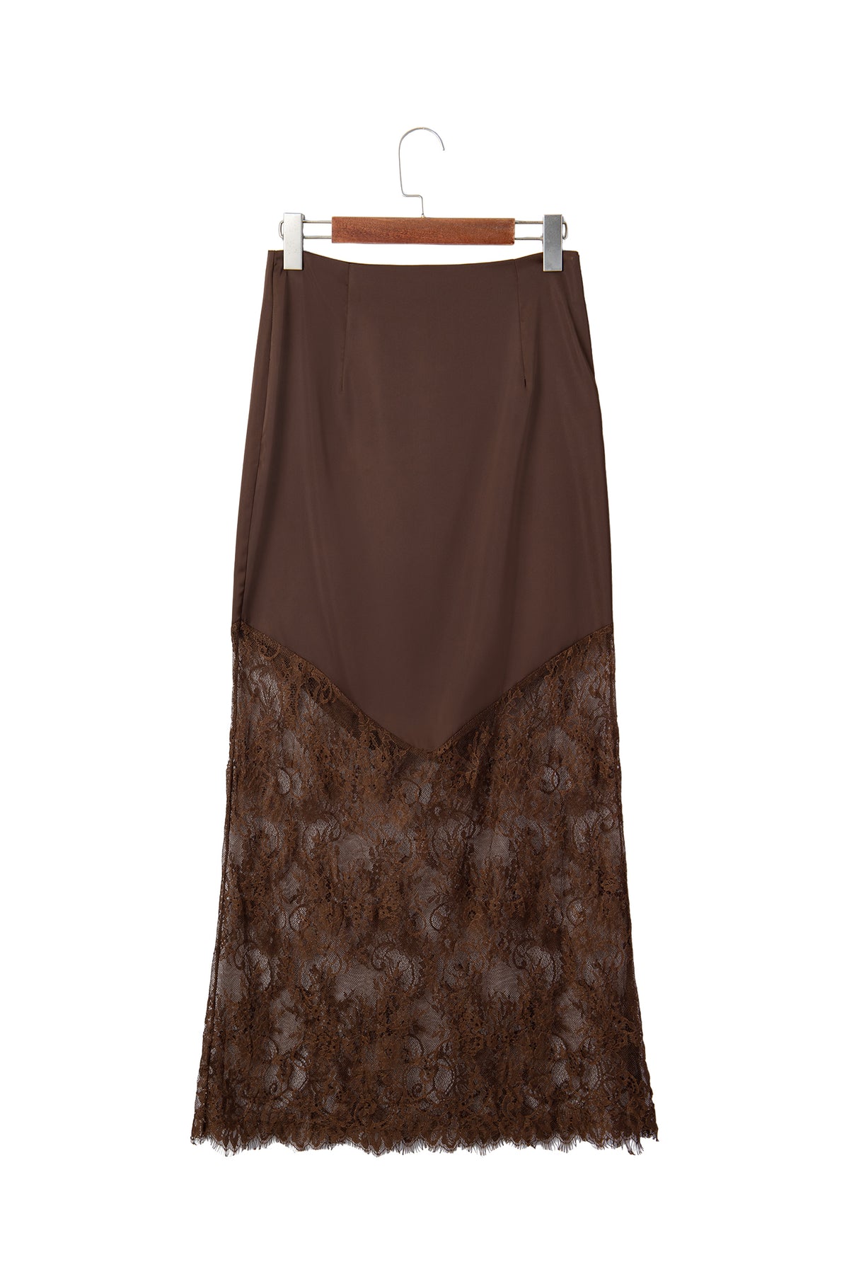 Dark Brown Lace Patchwork Hem Long Casual Shift Skirt-Bottoms/Skirts & Petticoat-[Adult]-[Female]-2022 Online Blue Zone Planet