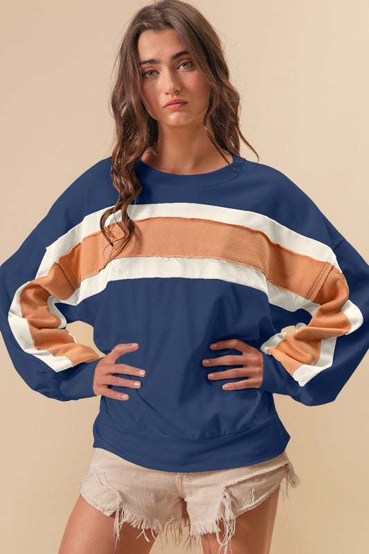 BiBi French Terry Color Block Cut Edge Detail Sweatshirt-TOPS / DRESSES-[Adult]-[Female]-Indigo/Mustard/Ivory-S-2022 Online Blue Zone Planet