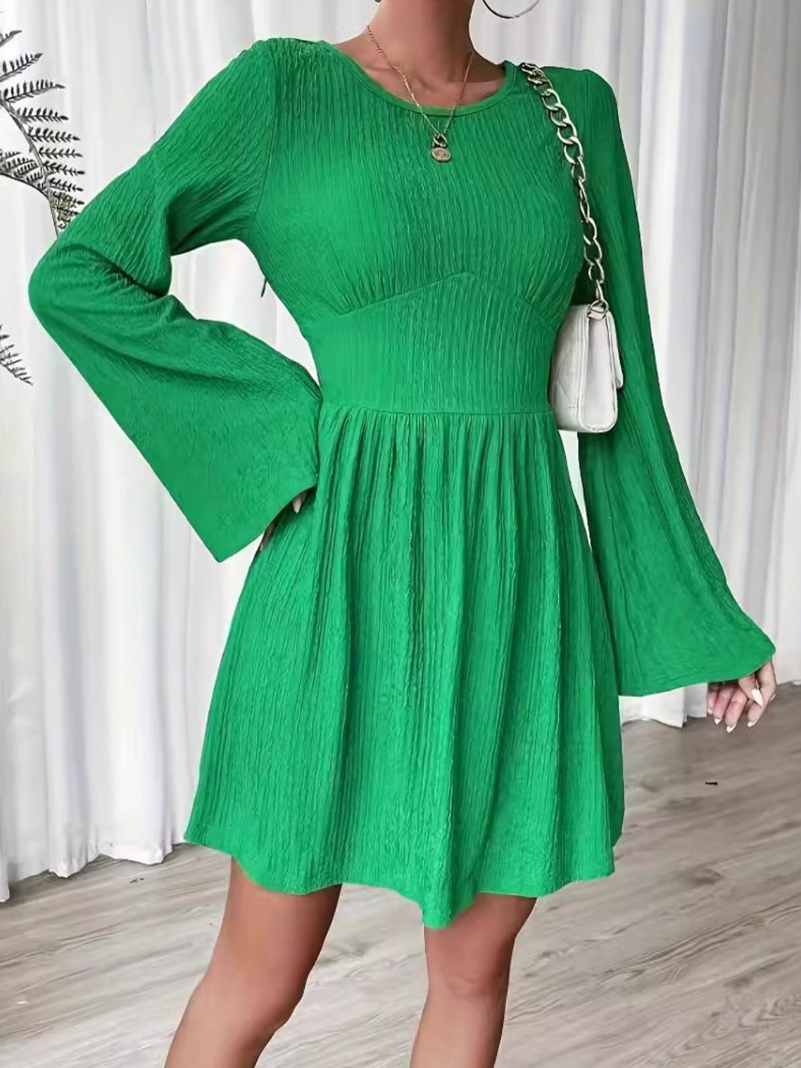 Round Neck Flare Sleeve Mini Dress-TOPS / DRESSES-[Adult]-[Female]-2022 Online Blue Zone Planet