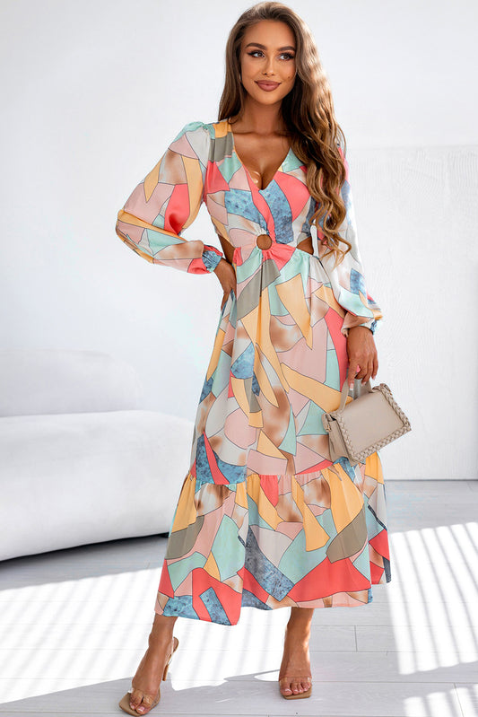 Blue Zone Planet | Multicolor Abstract Print O-ring Cut out Long Sleeve Maxi Dress-TOPS / DRESSES-[Adult]-[Female]-Multicolor-S-2022 Online Blue Zone Planet