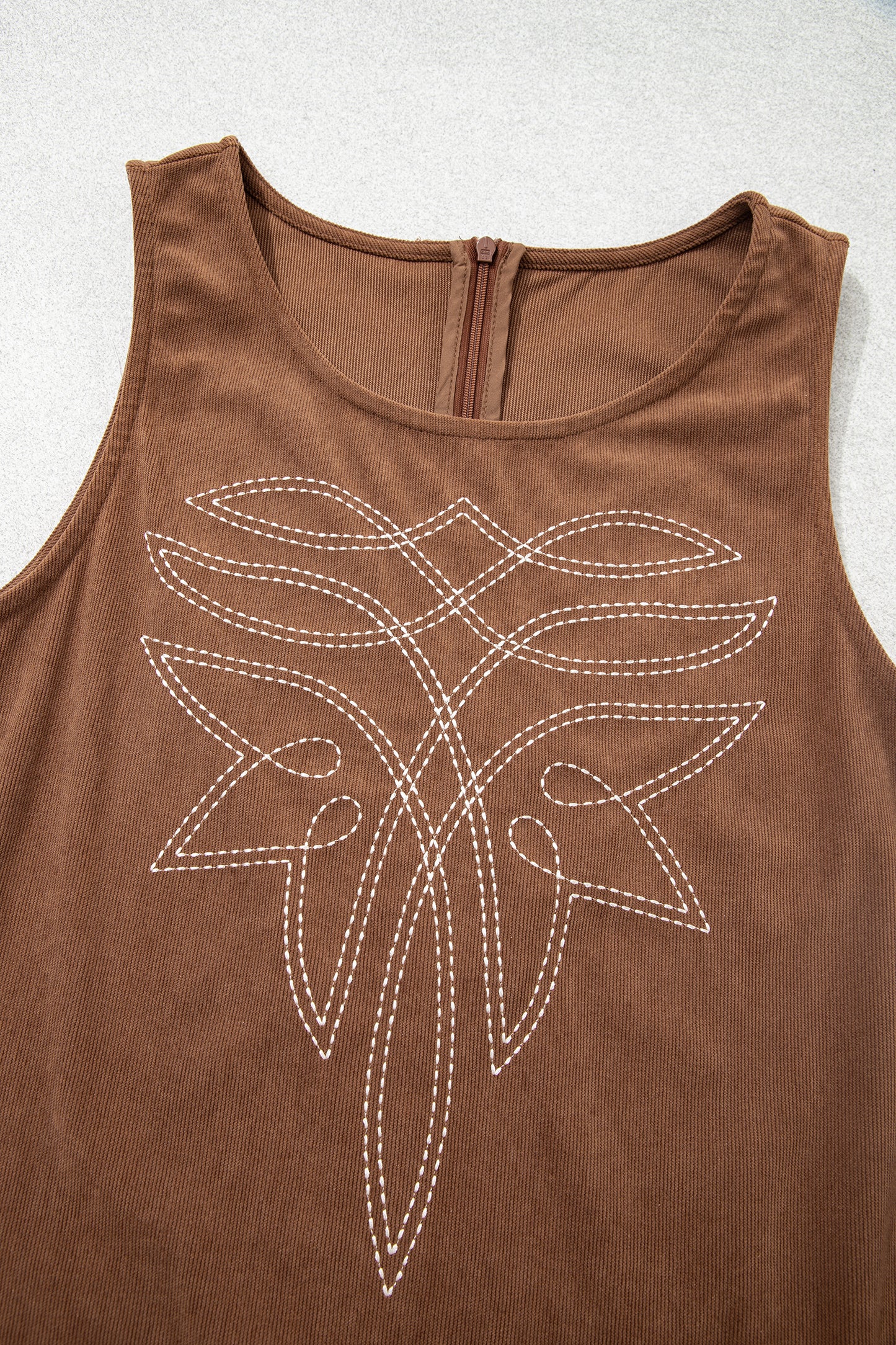 Coffee Geometric Embroidery Sleeveless Corduroy Shift Dress-TOPS / DRESSES-[Adult]-[Female]-2022 Online Blue Zone Planet