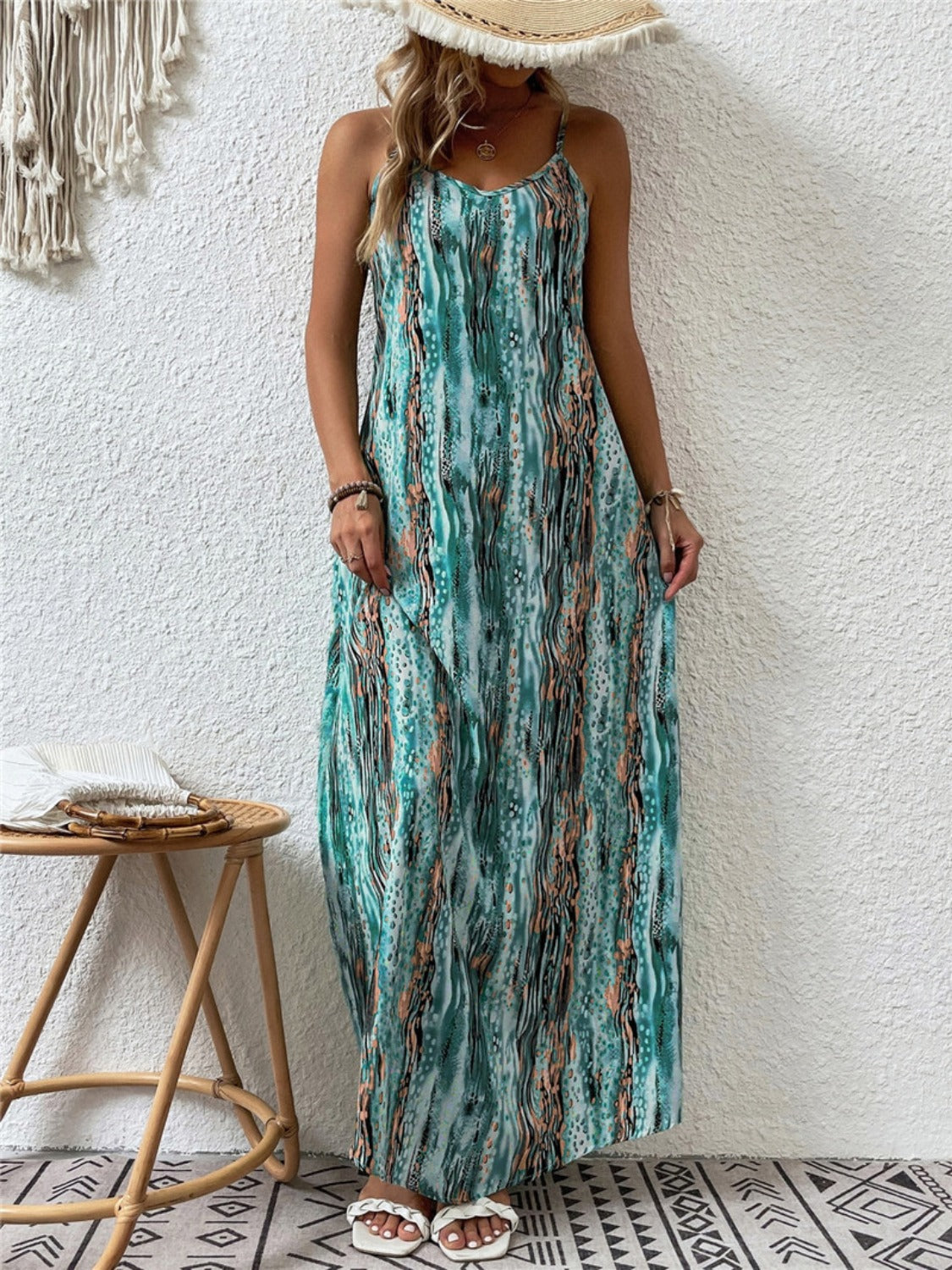 Full Size Printed Scoop Neck Maxi Cami Dress-TOPS / DRESSES-[Adult]-[Female]-Turquoise-S-2022 Online Blue Zone Planet