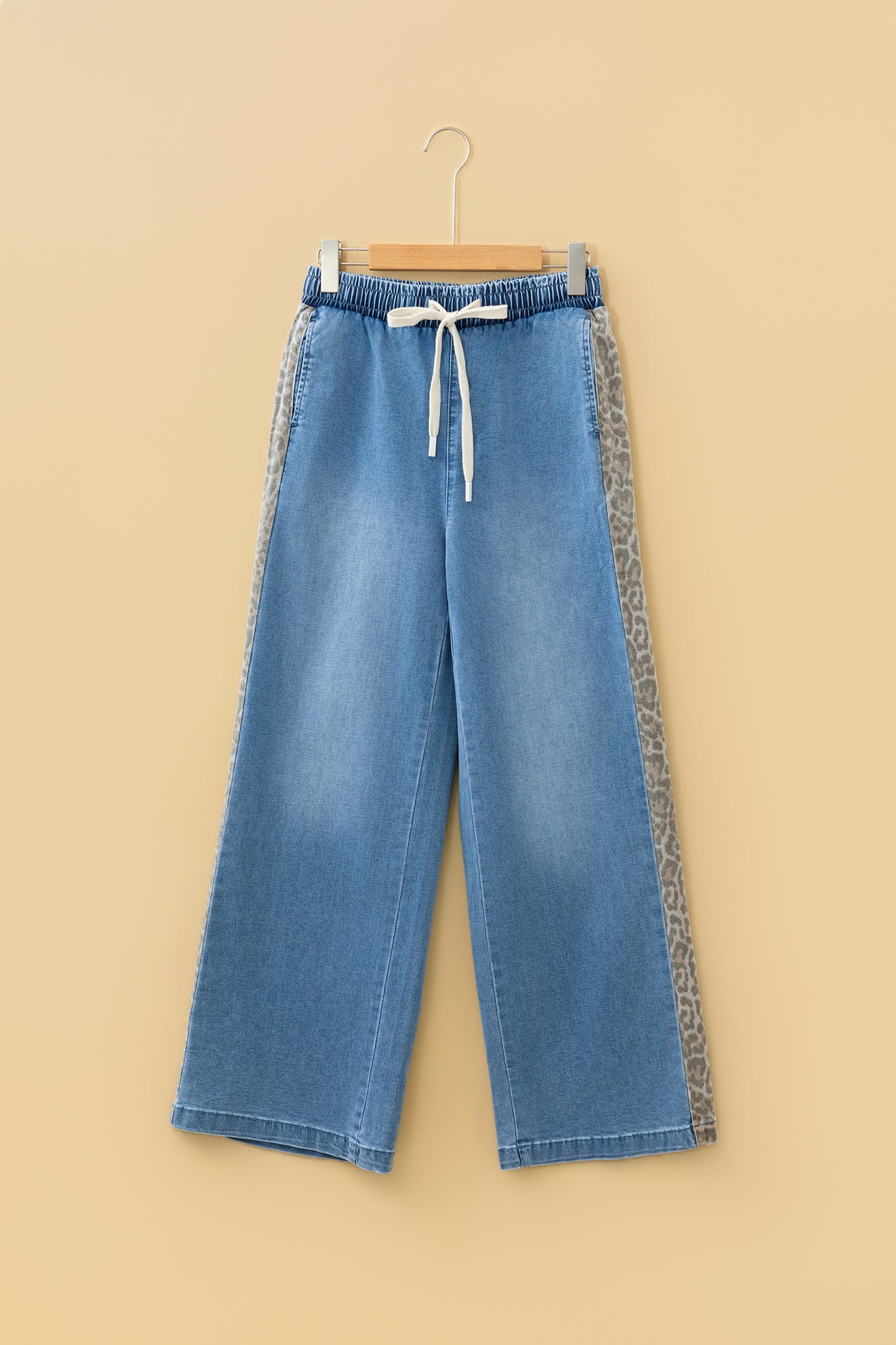 Beau Blue Drawstring Elastic Waist Leopard Striped Side Panel Wide Leg Jeans-Bottoms/Jeans-[Adult]-[Female]-2022 Online Blue Zone Planet