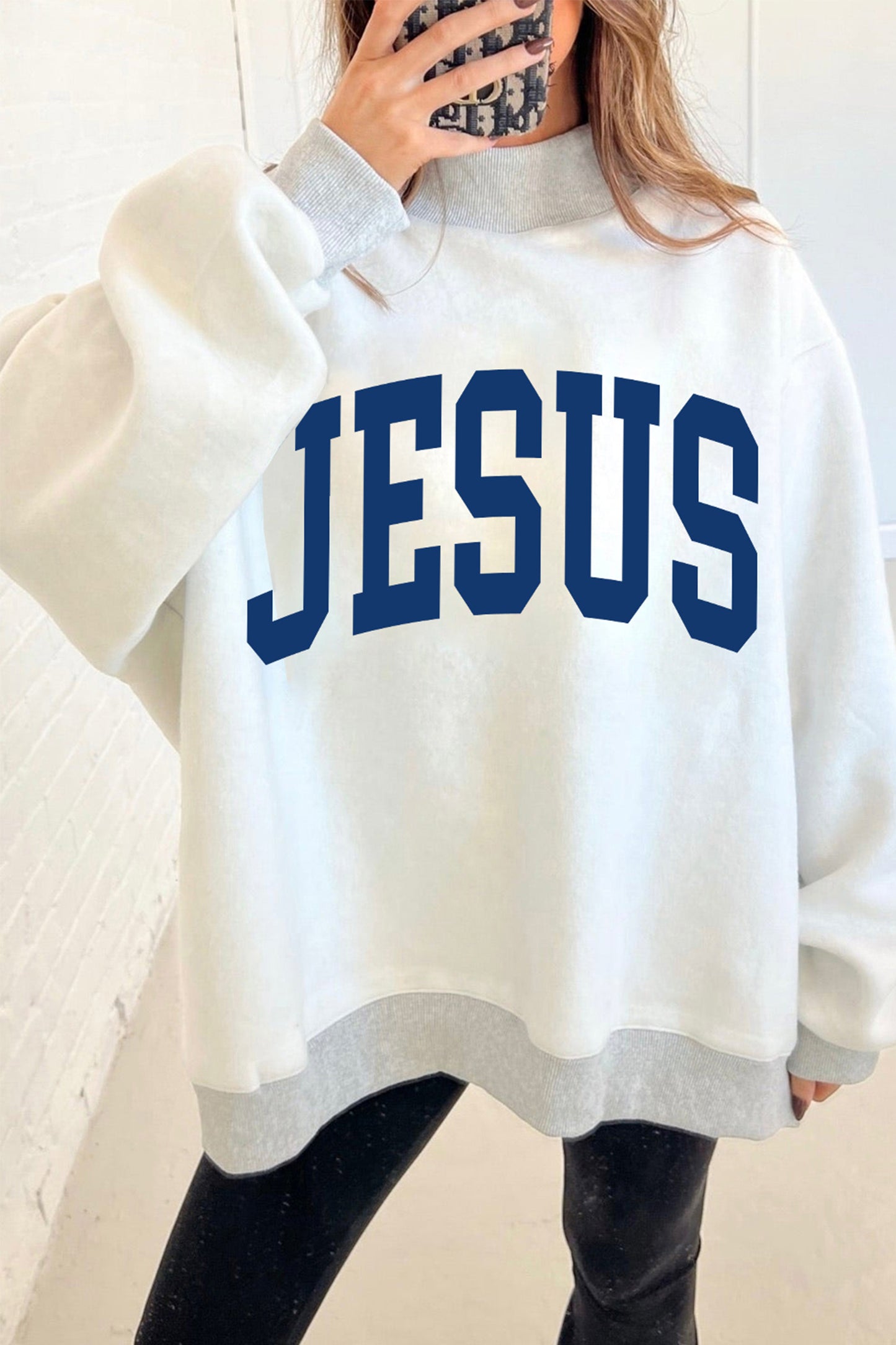 Light Grey FAITH/ JESUS Double Side Letter Print Casual High Neck Sweatshirt-Graphic/Graphic Sweatshirts-[Adult]-[Female]-2022 Online Blue Zone Planet