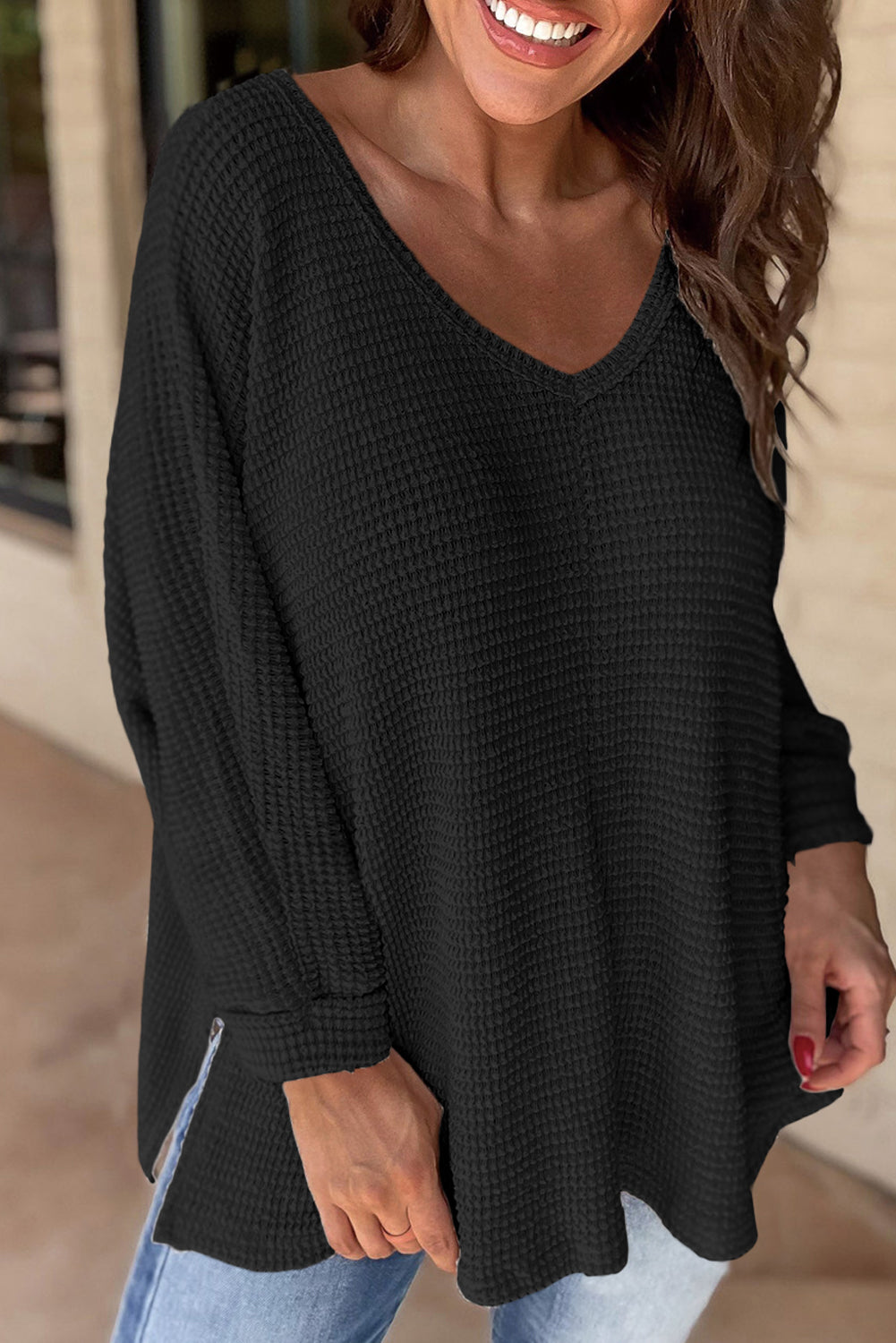 White Waffle Knit Side Slits Loose Fit V Neck Top-Tops/Long Sleeve Tops-[Adult]-[Female]-Black-S-2022 Online Blue Zone Planet