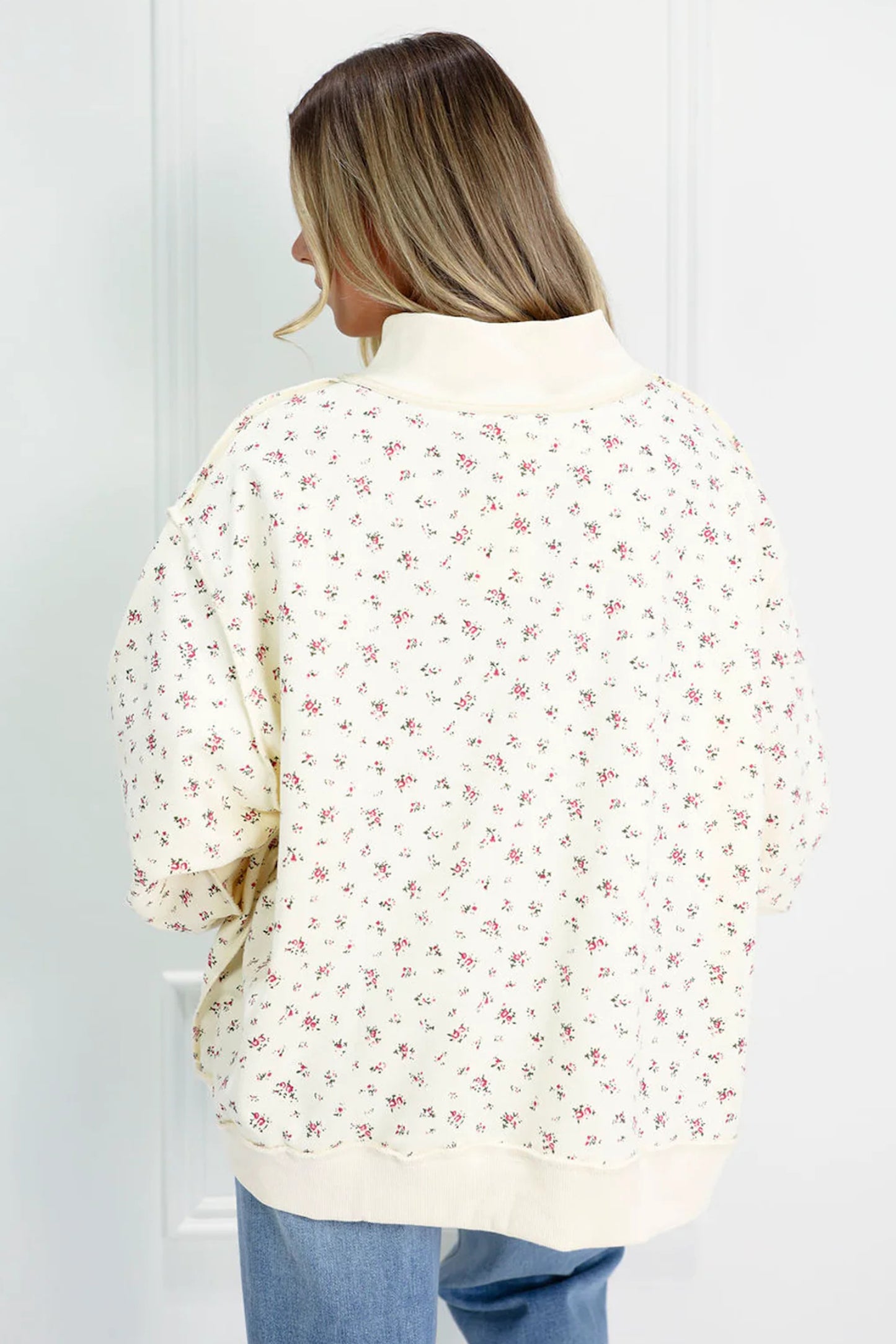 Beige Ribbed High Neck Patchwork Floral Print Baggy Pullover Sweatshirt-Tops/Sweatshirts & Hoodies-[Adult]-[Female]-2022 Online Blue Zone Planet