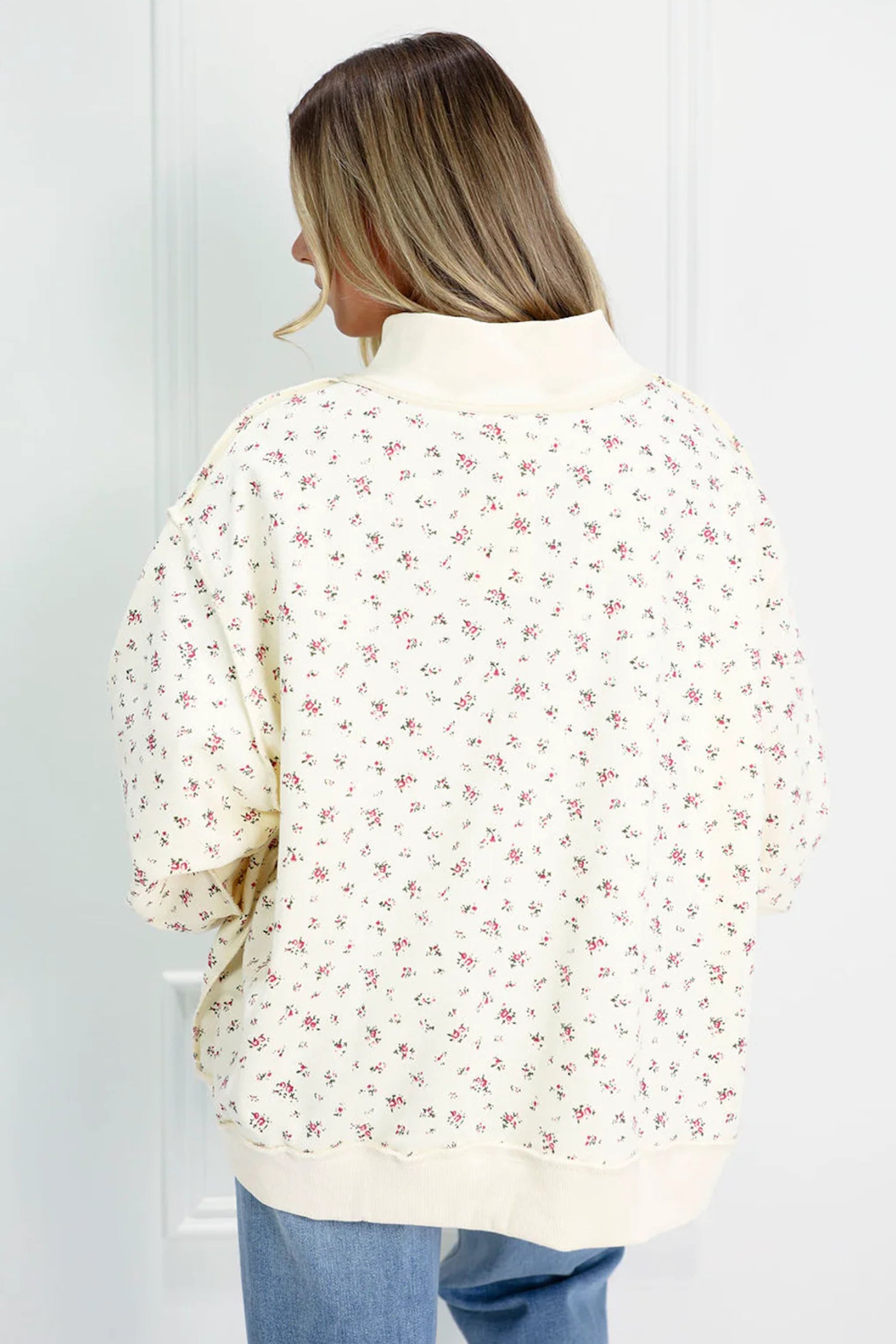 Beige Ribbed High Neck Patchwork Floral Print Baggy Pullover Sweatshirt-Tops/Sweatshirts & Hoodies-[Adult]-[Female]-2022 Online Blue Zone Planet
