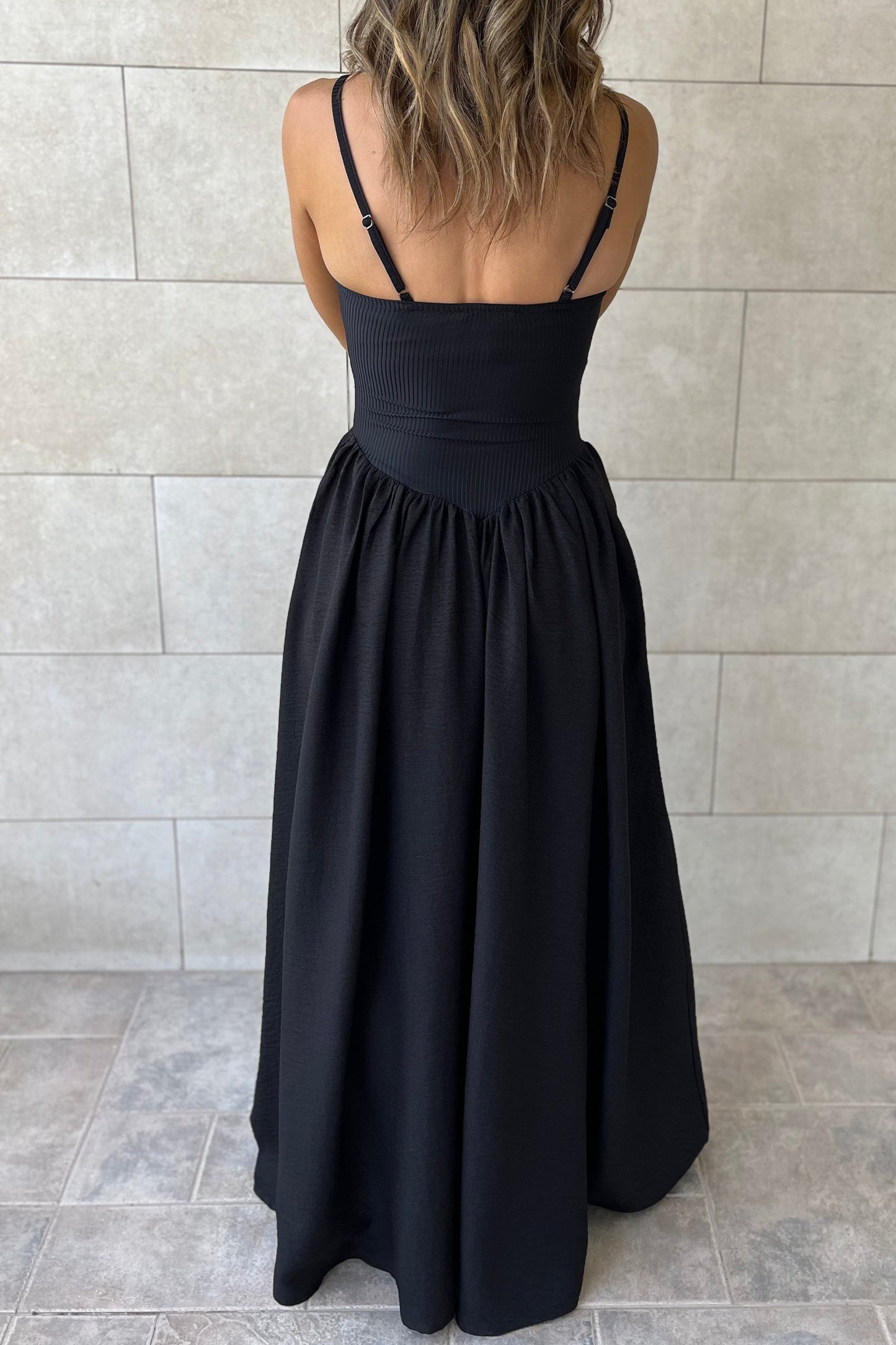 Black Spaghetti Straps Drop Waist Ribbed Patchwork Maxi Dress-Dresses/Maxi Dresses-[Adult]-[Female]-2022 Online Blue Zone Planet