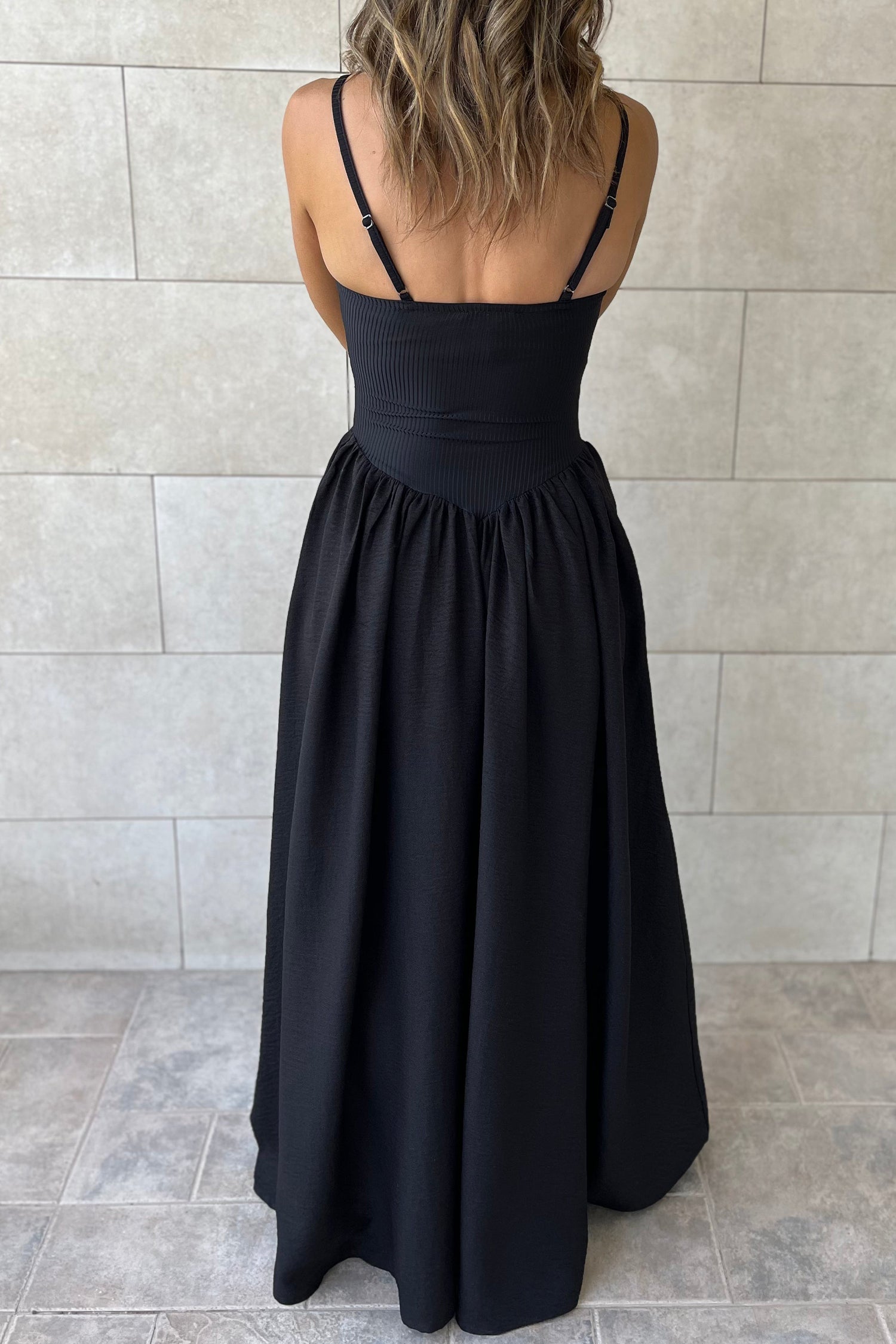 Black Spaghetti Straps Drop Waist Ribbed Patchwork Maxi Dress-Dresses/Maxi Dresses-[Adult]-[Female]-2022 Online Blue Zone Planet