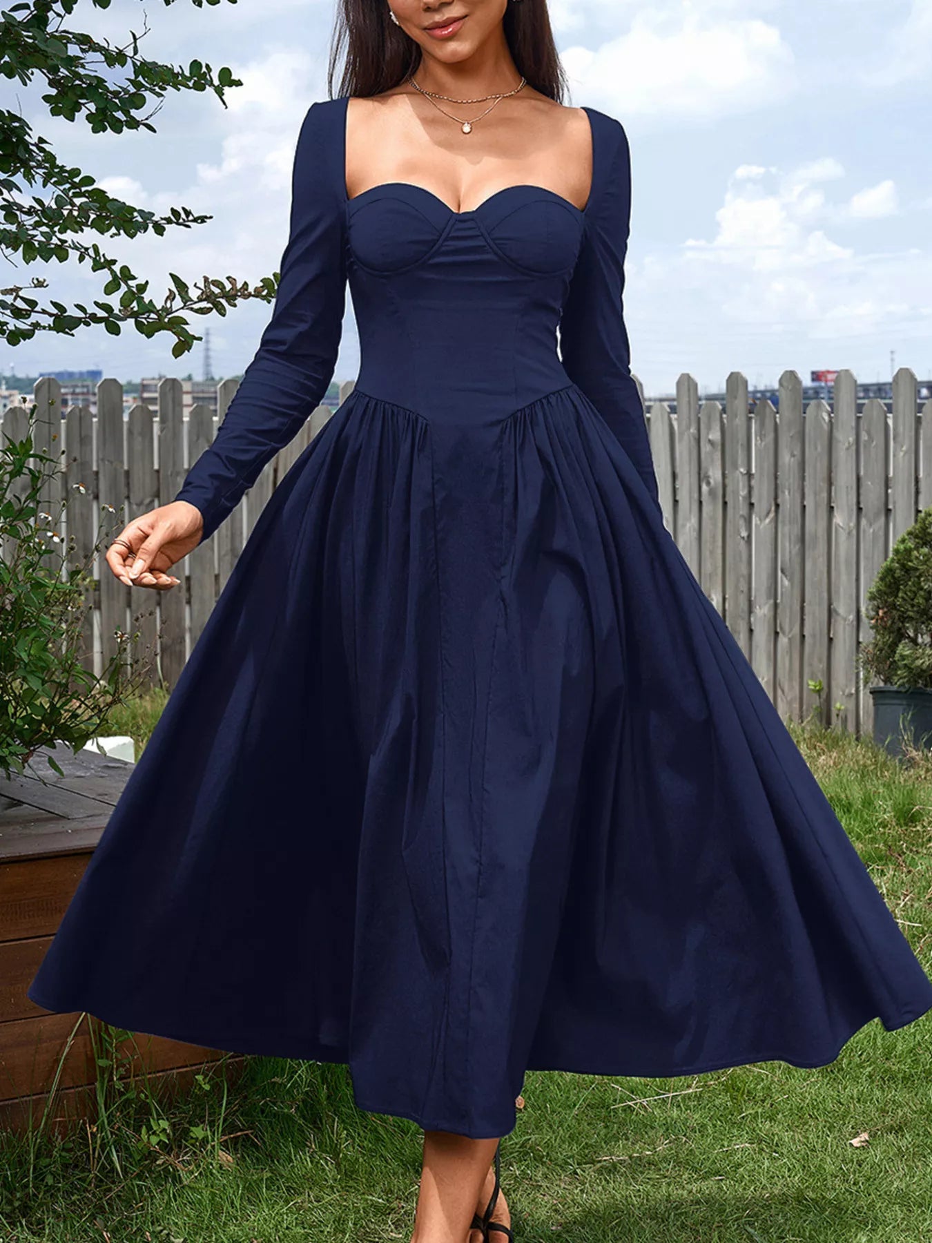 Sweetheart Neckline Long Sleeve A-Line Midi Dress Navy Blue / M