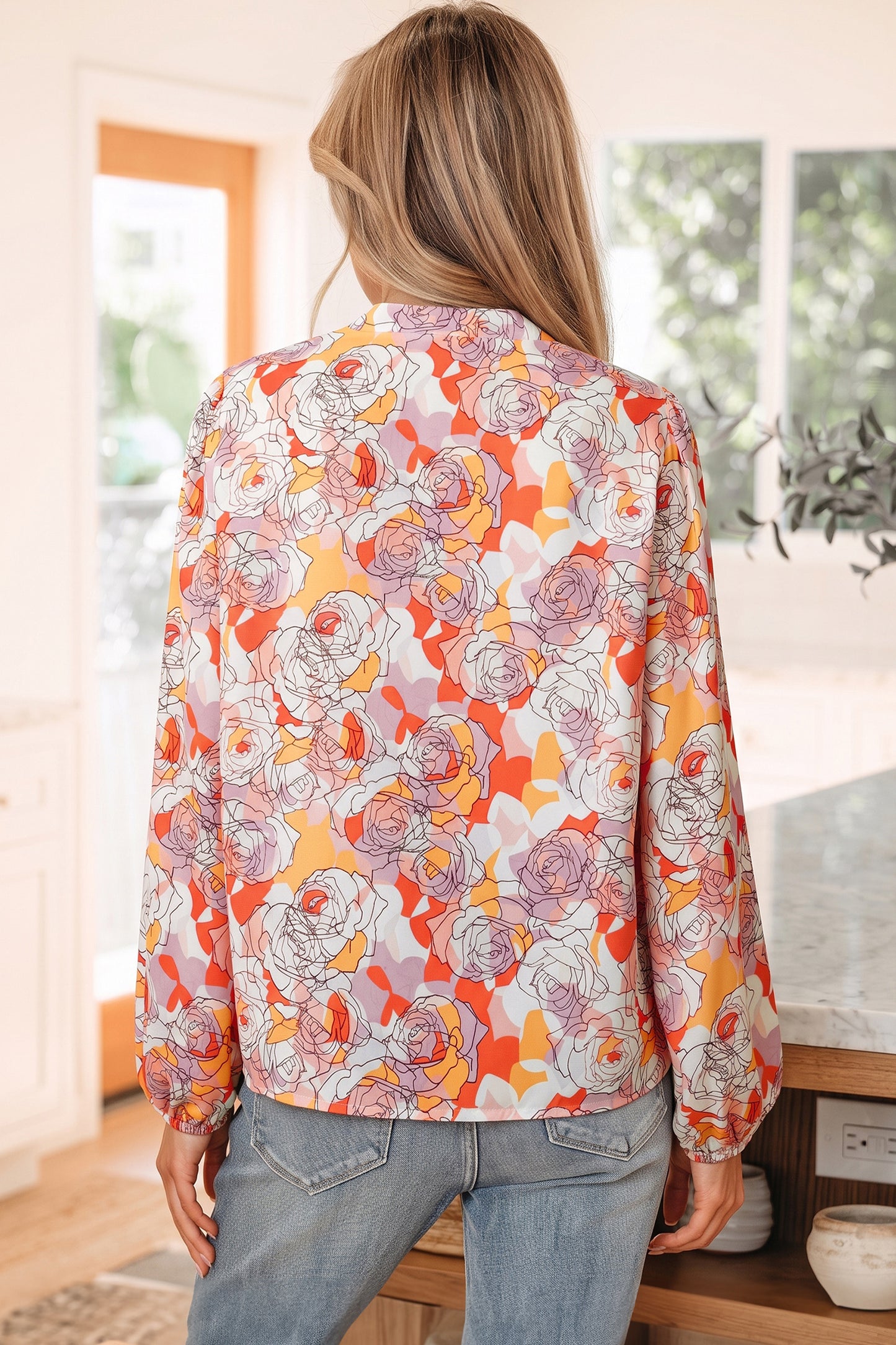 Pink Floral Print V Neck Long Sleeve Shift Blouse-Tops/Blouses & Shirts-[Adult]-[Female]-2022 Online Blue Zone Planet