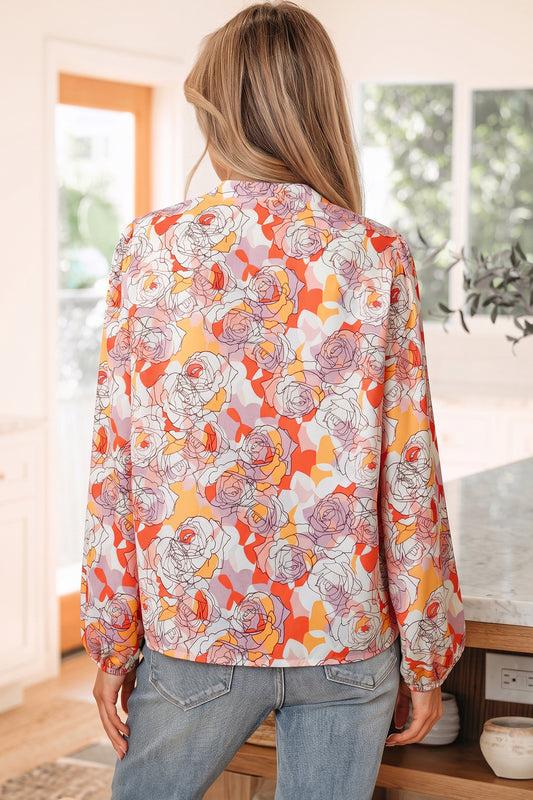 Pink Floral Print V Neck Long Sleeve Shift Blouse-Tops/Blouses & Shirts-[Adult]-[Female]-2022 Online Blue Zone Planet