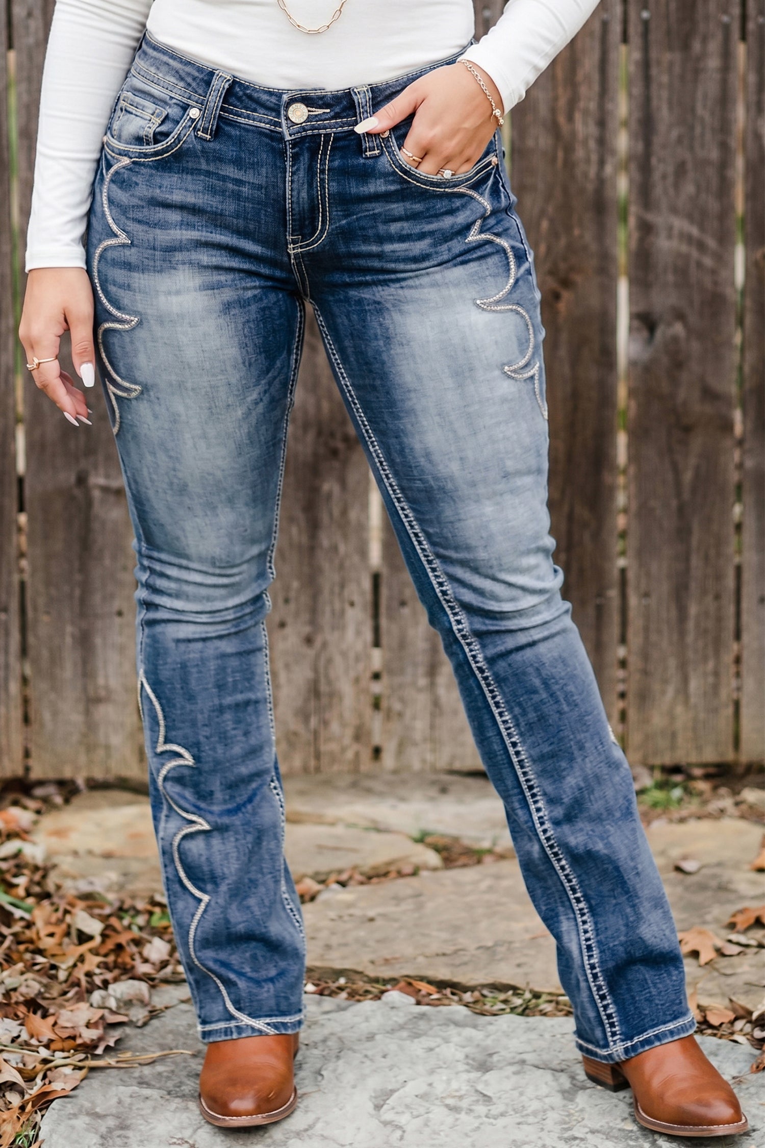 Blue Western Embroidered Flare Full Length Jeans-Bottoms/Jeans-[Adult]-[Female]-2022 Online Blue Zone Planet