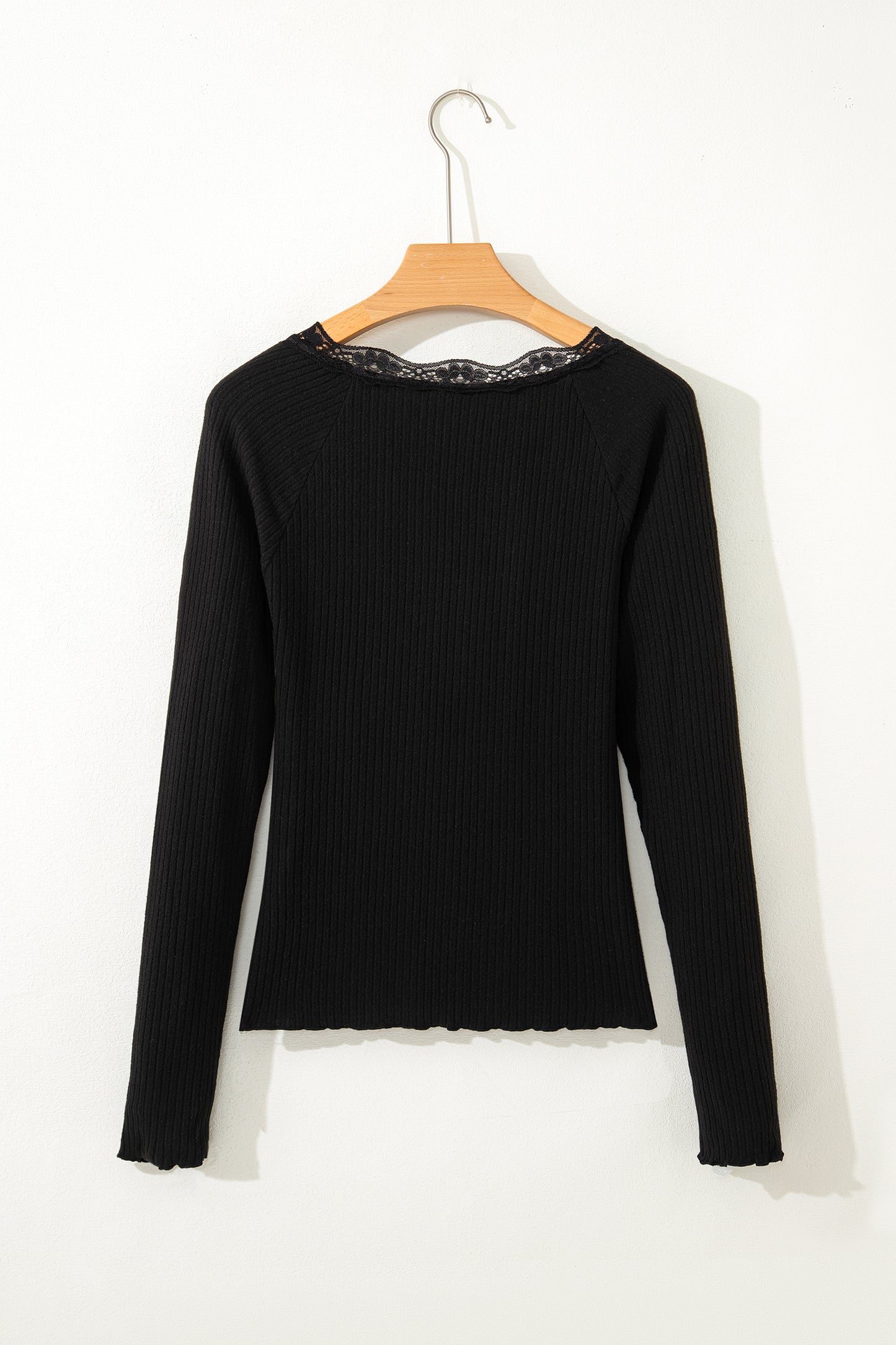 Black Lace Neckline Button Decor Lettuce Edge Long Sleeve Ribbed Top-Tops/Long Sleeve Tops-[Adult]-[Female]-2022 Online Blue Zone Planet