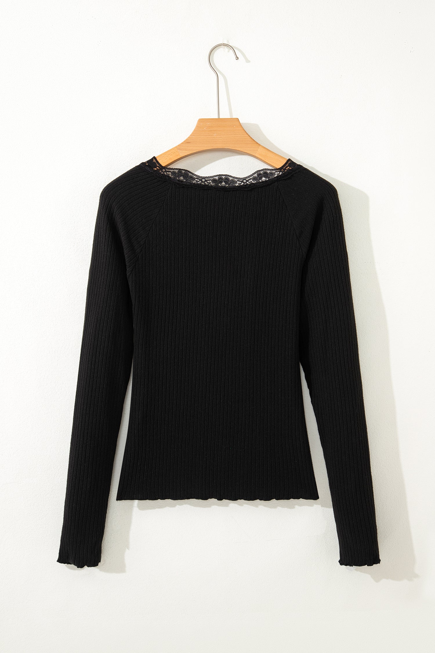 Black Lace Neckline Button Decor Lettuce Edge Long Sleeve Ribbed Top-Tops/Long Sleeve Tops-[Adult]-[Female]-2022 Online Blue Zone Planet