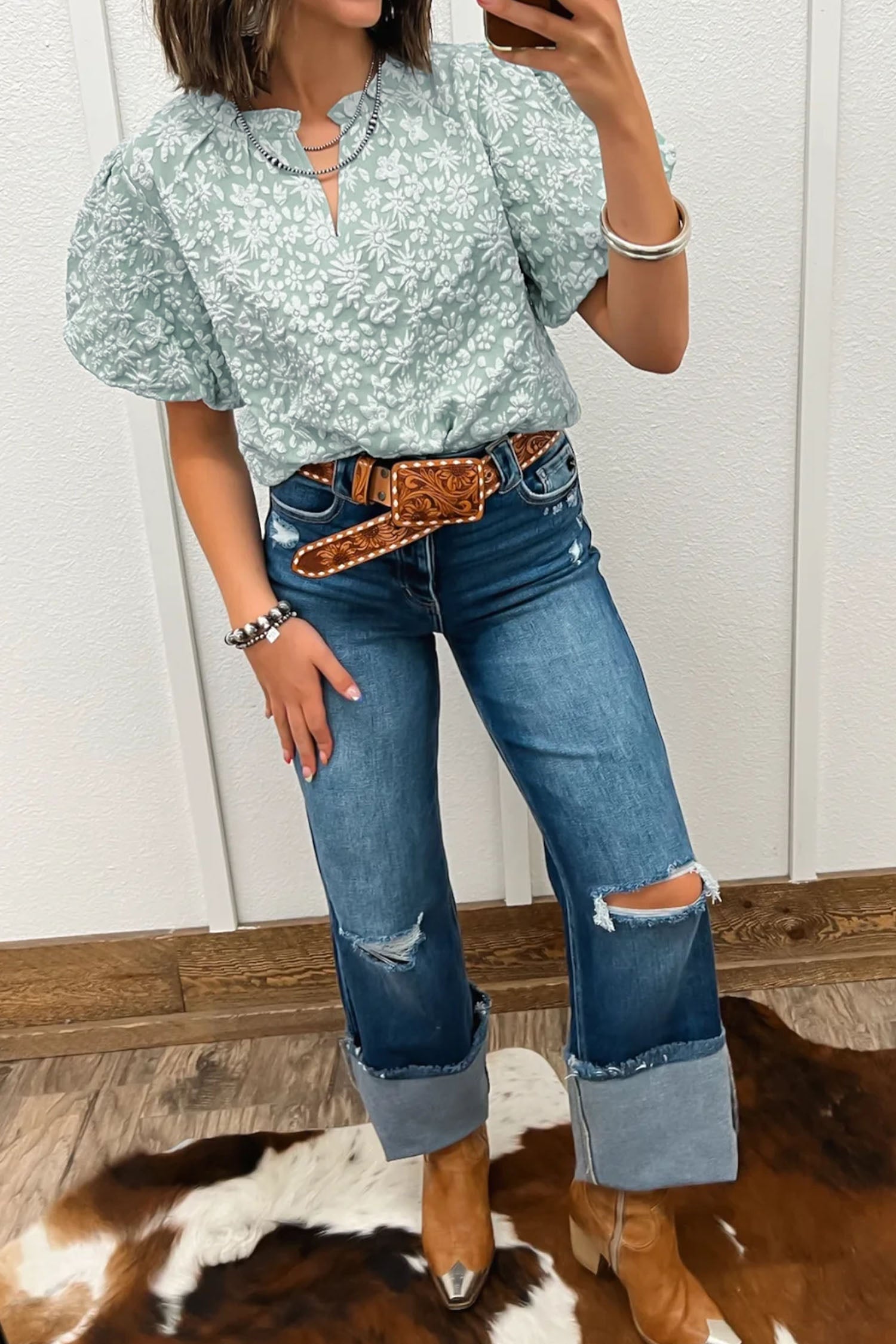 Iceland Blue Floral Textured Jacquard Puff Sleeve Blouse-Tops/Blouses & Shirts-[Adult]-[Female]-2022 Online Blue Zone Planet