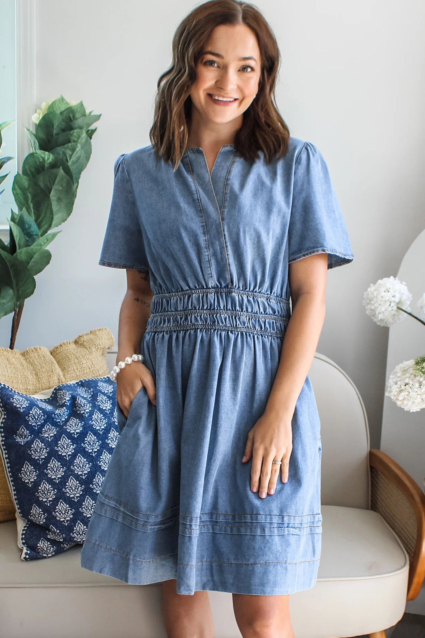 Myosotis Elastic Waist Short Sleeve Denim Mini Dress-Dresses/Mini Dresses-[Adult]-[Female]-2022 Online Blue Zone Planet