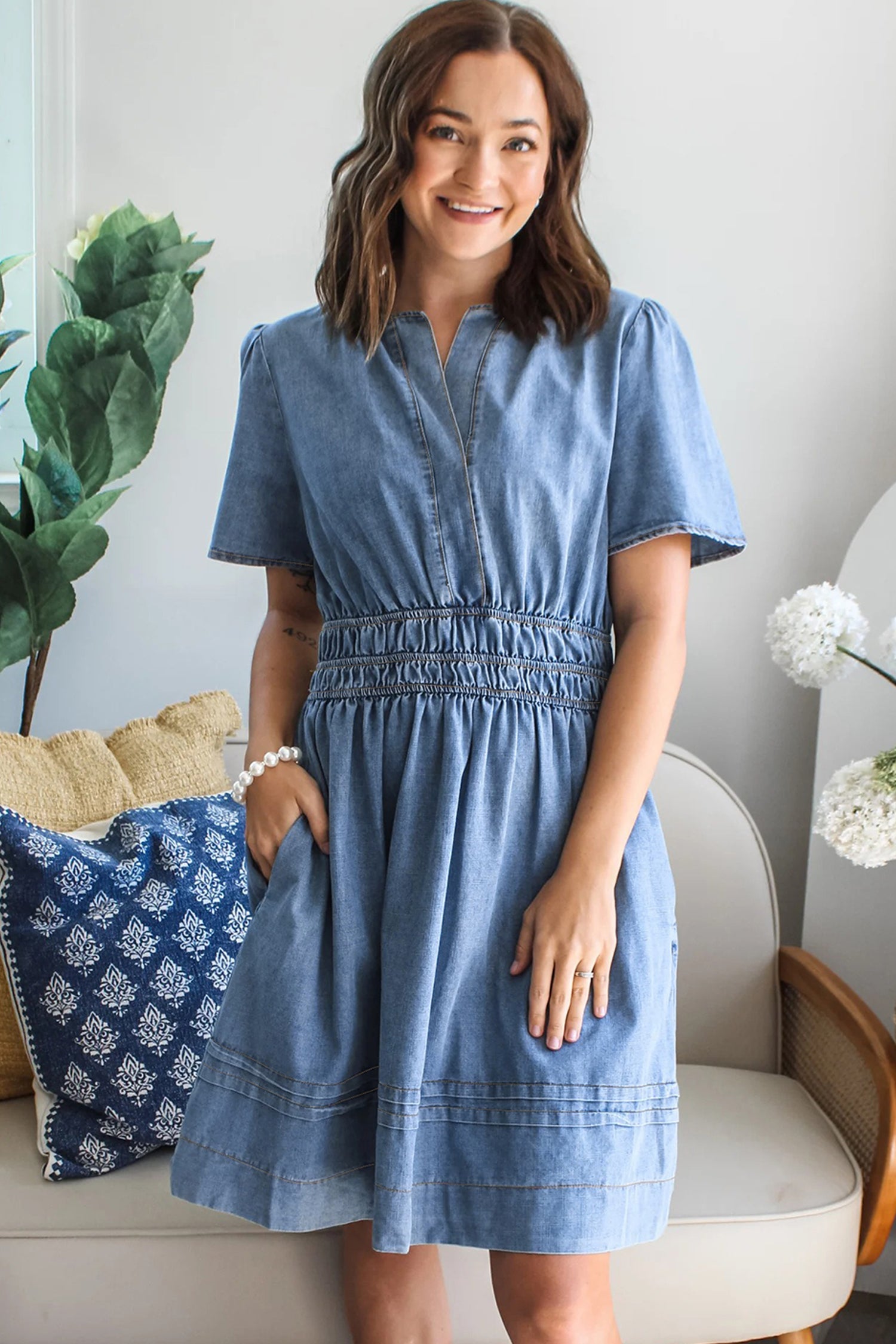 Myosotis Elastic Waist Short Sleeve Denim Mini Dress-Dresses/Mini Dresses-[Adult]-[Female]-2022 Online Blue Zone Planet