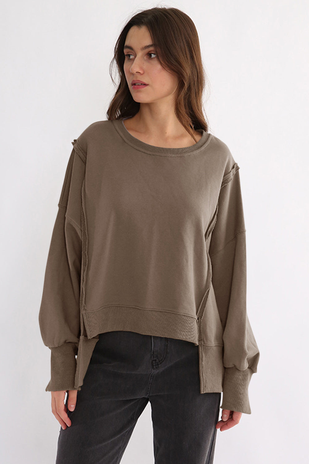 Exposed Seam High-Low Long Sleeve Sweatshirt-TOPS / DRESSES-[Adult]-[Female]-Taupe-One Size-2022 Online Blue Zone Planet