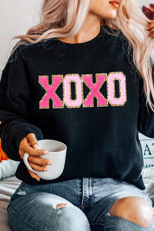 Black Chenille Xoxo Patched Drop Shoulder Valentines Pullover Sweatshirt-Graphic/Graphic Sweatshirts-[Adult]-[Female]-Black-S-2022 Online Blue Zone Planet