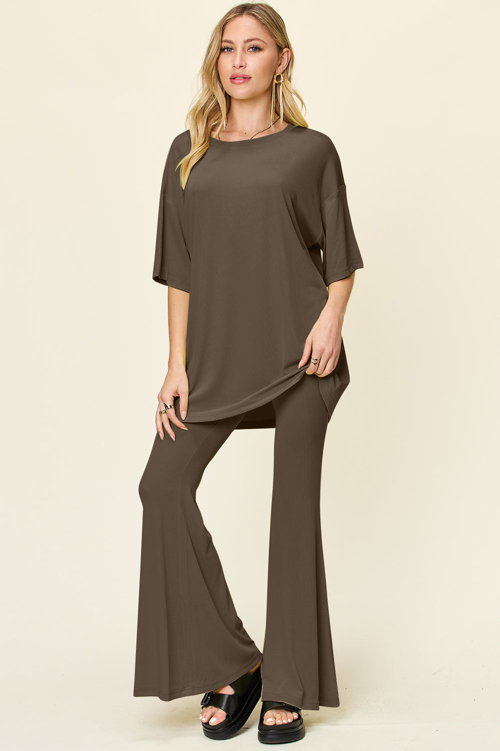 Blue Zone Planet | Double Take Full Size Round Neck Drop Shoulder T-Shirt and Flare Pants Set-TOPS / DRESSES-[Adult]-[Female]-Mocha-S-2022 Online Blue Zone Planet