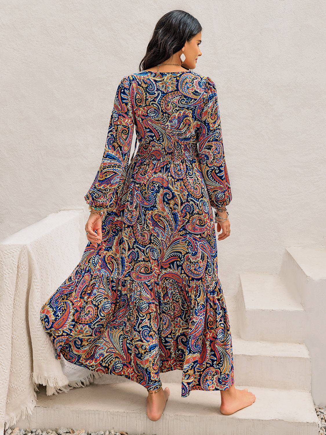 Printed Tie Neck Long Sleeve Midi Dress-TOPS / DRESSES-[Adult]-[Female]-2022 Online Blue Zone Planet