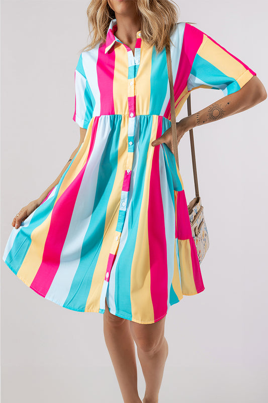 Blue Zone Planet | Rose Stripe Colorblock Short Sleeve Mini Shirt Dress-TOPS / DRESSES-[Adult]-[Female]-Rose Stripe-S-2022 Online Blue Zone Planet