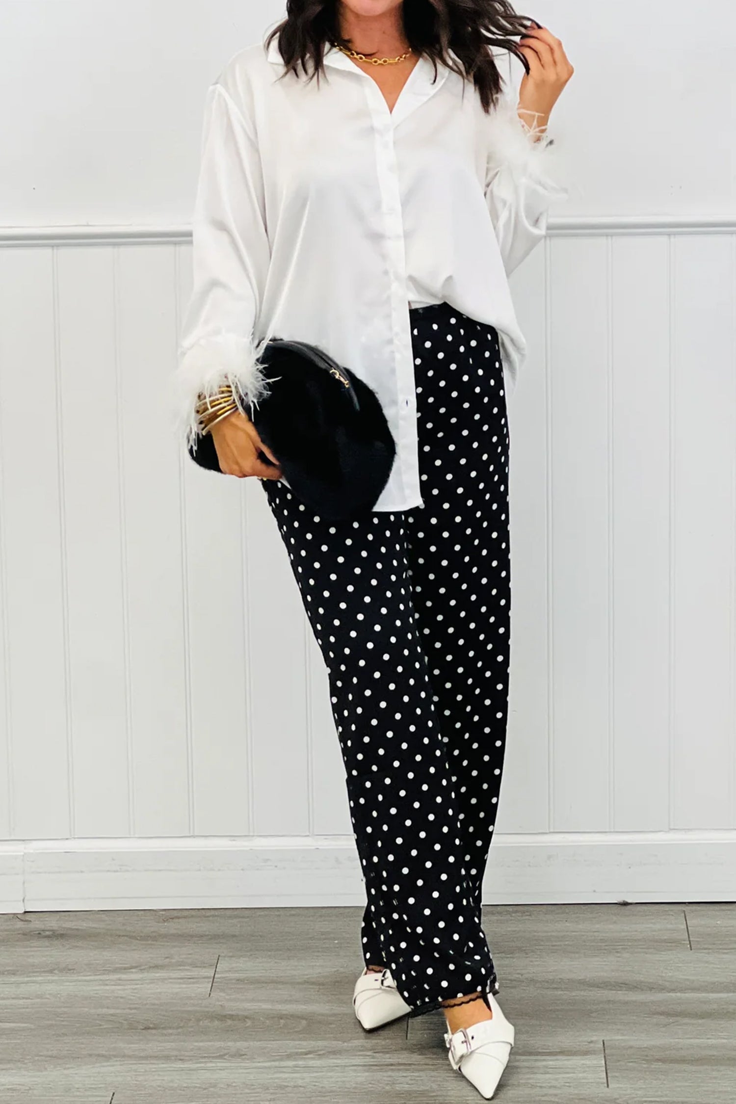 Black Polka Dot Print Elastic Waist Lace Hem Loose Pants-Bottoms/Pants & Culotte-[Adult]-[Female]-2022 Online Blue Zone Planet