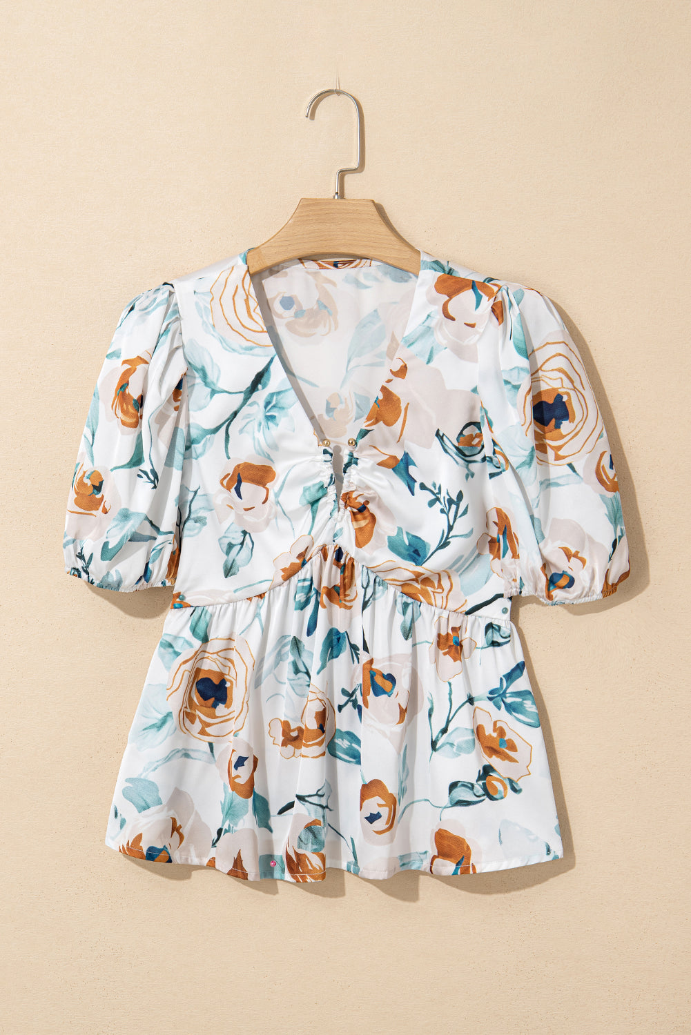 Green Floral Print Puff Sleeve V Neck Babydoll Blouse-Tops/Blouses & Shirts-[Adult]-[Female]-2022 Online Blue Zone Planet
