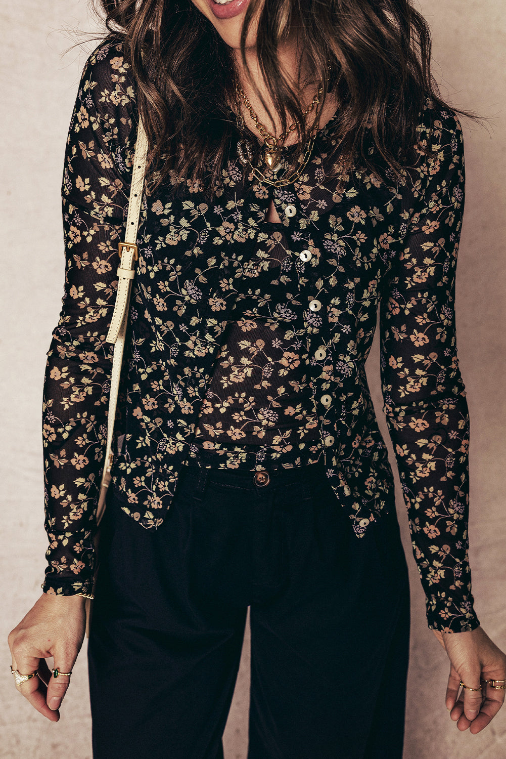 Black Floral Print Mesh Tank Button Front Slim Cardigan 2pcs Set-Tops/Long Sleeve Tops-[Adult]-[Female]-2022 Online Blue Zone Planet