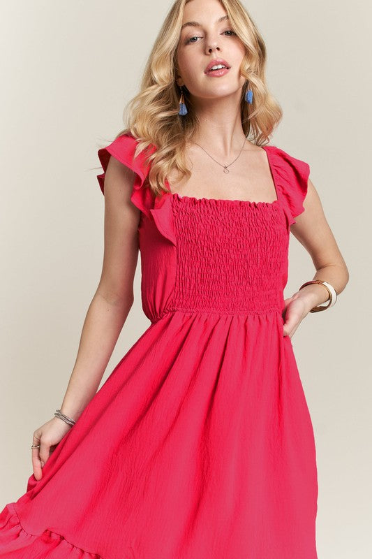 ADORA Smocked Square Neck Ruffled Cap Sleeve Dress-TOPS / DRESSES-[Adult]-[Female]-Red-S-2022 Online Blue Zone Planet