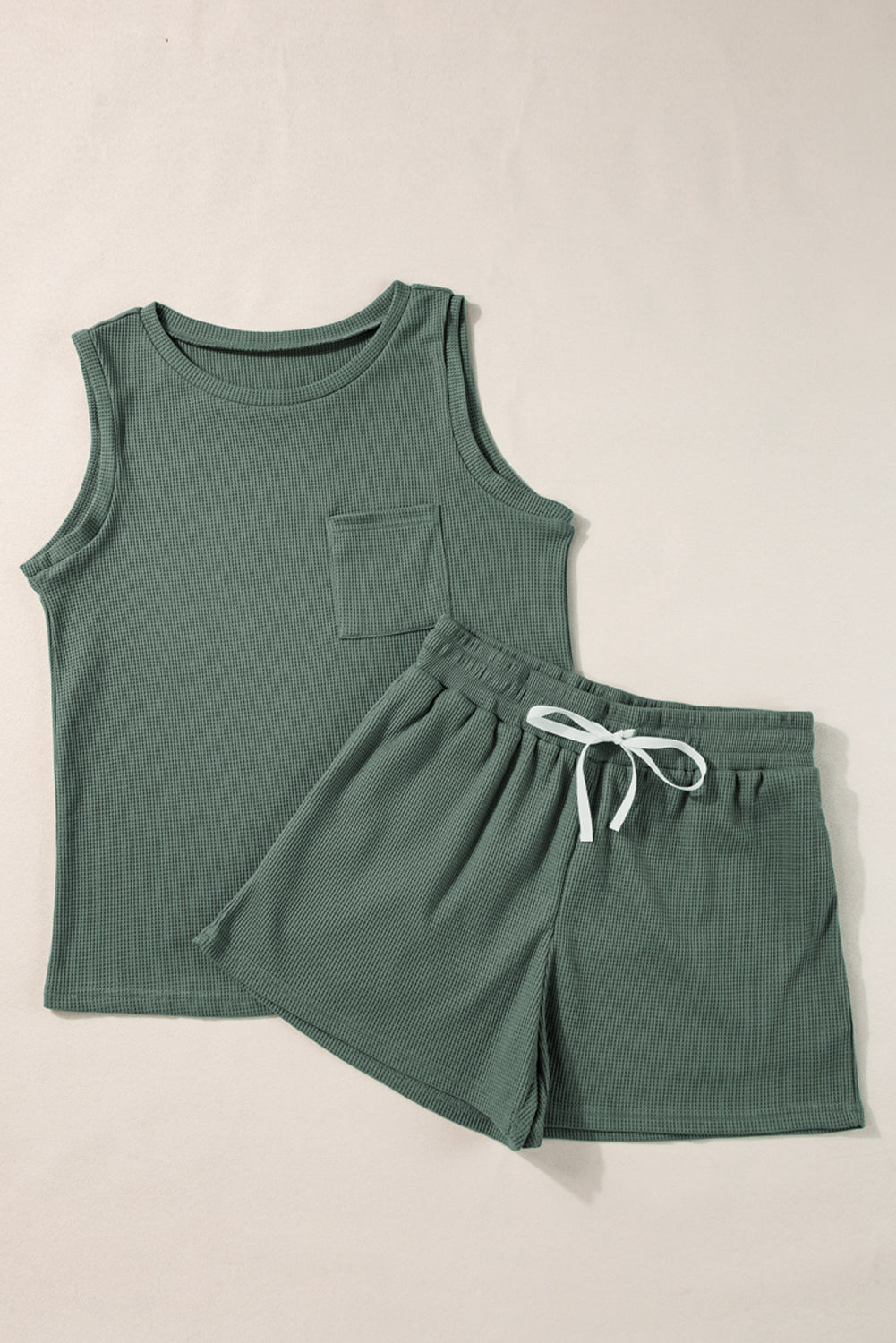 Mist Green Waffle Knit Patched Pocket Tank and Drawstring Shorts Set-Two Piece Sets/Short Sets-[Adult]-[Female]-2022 Online Blue Zone Planet