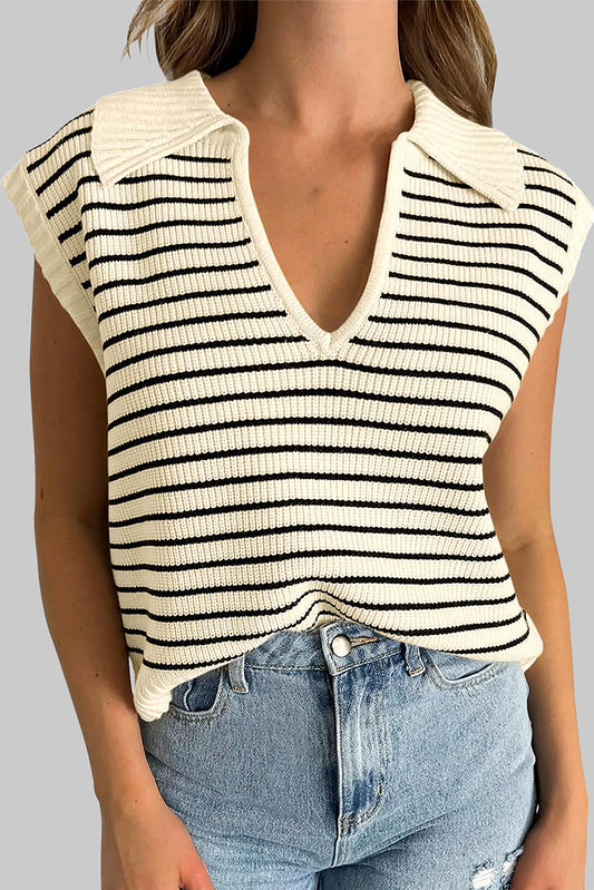 Blue Zone Planet | Striped Collared Neck Tank-TOPS / DRESSES-[Adult]-[Female]-Ivory-S-2022 Online Blue Zone Planet