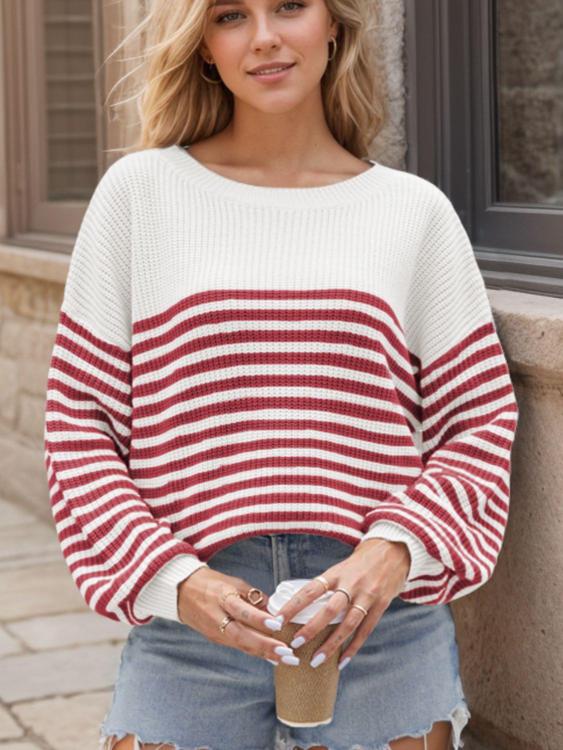 Striped Round Neck Long Sleeve Sweater-TOPS / DRESSES-[Adult]-[Female]-Burgundy-S-2022 Online Blue Zone Planet