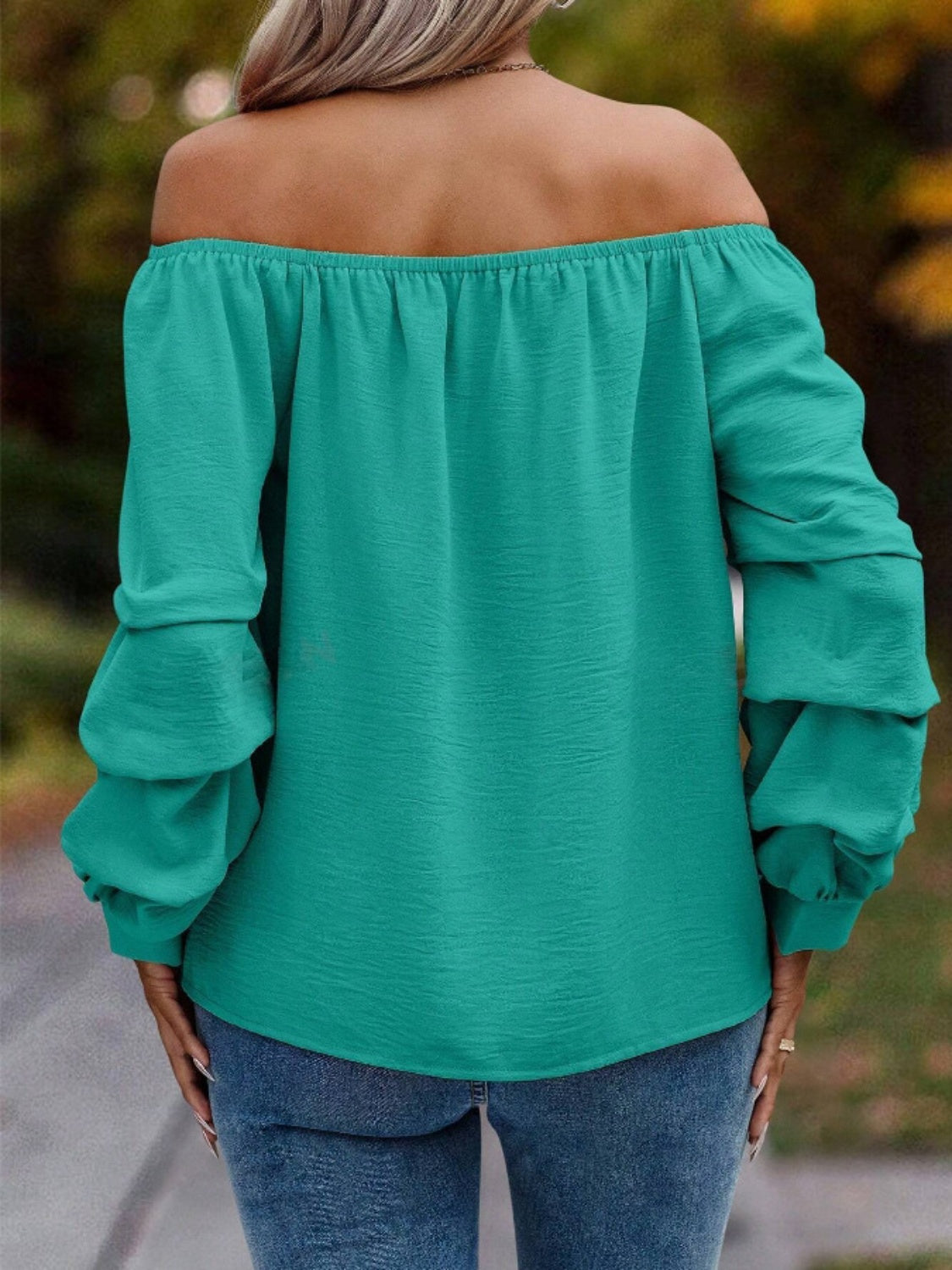 Ruched Off-Shoulder Long Sleeve Blouse-TOPS / DRESSES-[Adult]-[Female]-2022 Online Blue Zone Planet