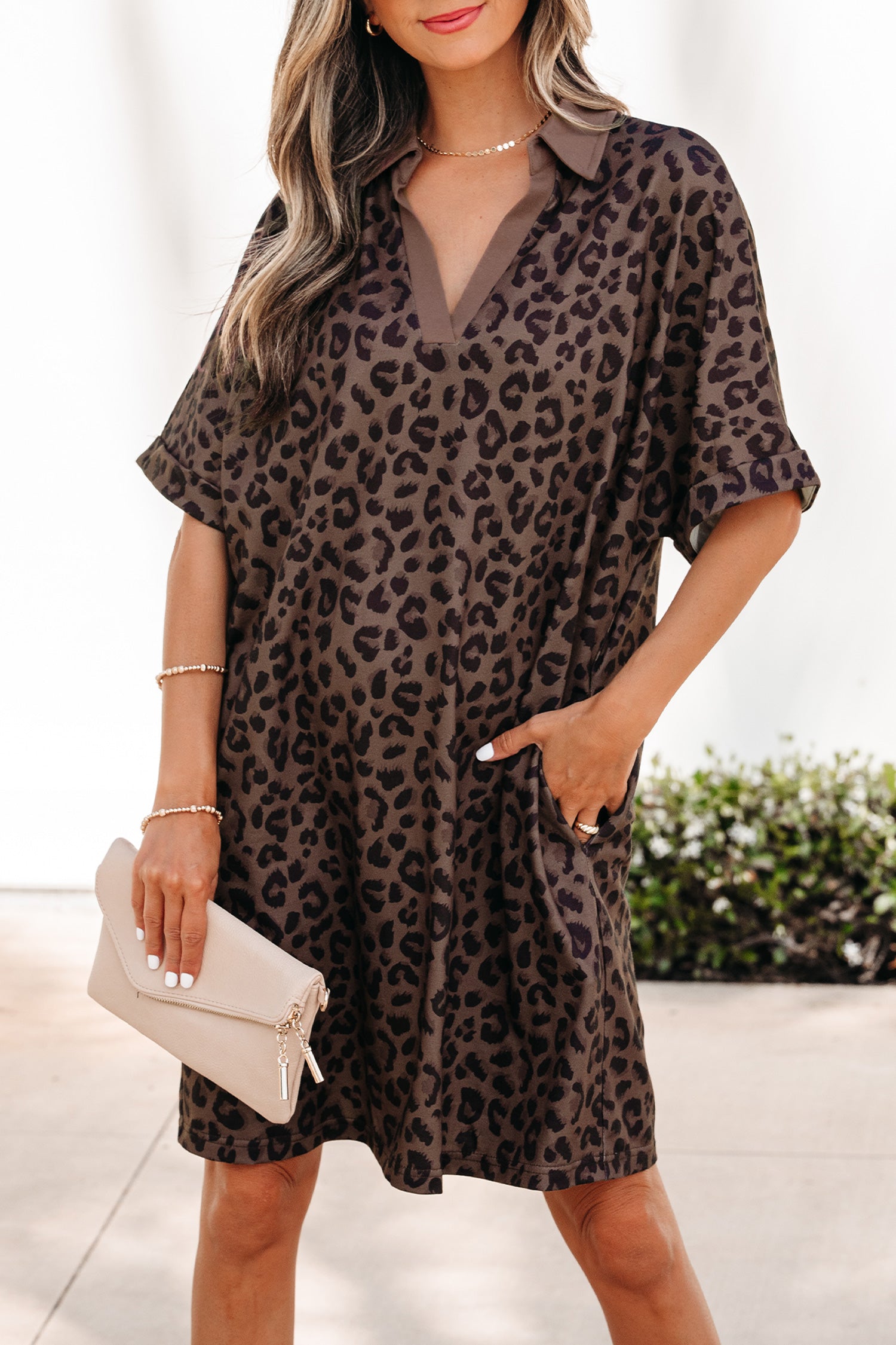 Brown Leopard Print Contrast Collar V-Neck Mini Dress-Dresses/Mini Dresses-[Adult]-[Female]-2022 Online Blue Zone Planet