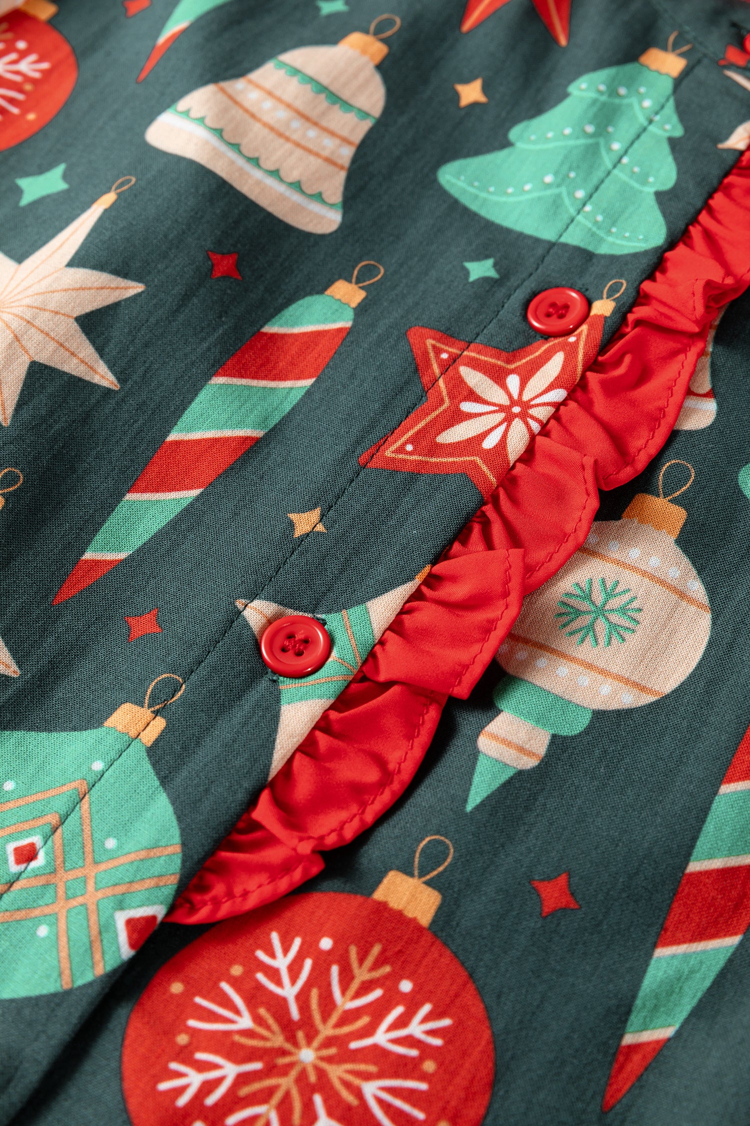 Green Christmas Fashion Print Contrast Trim Frilled Neck Short Sleeve Blouse-Tops/Blouses & Shirts-[Adult]-[Female]-2022 Online Blue Zone Planet