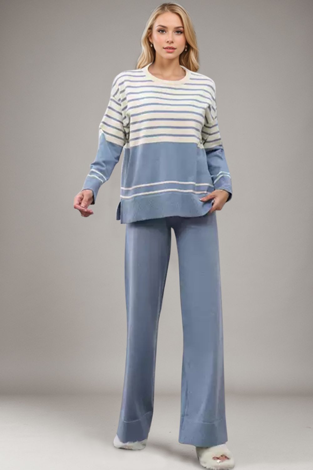 Basic Bae Striped Round Neck Long Sleeve Top and Pants Sweater Set-TOPS / DRESSES-[Adult]-[Female]-Dusty Blue-One Size-2022 Online Blue Zone Planet