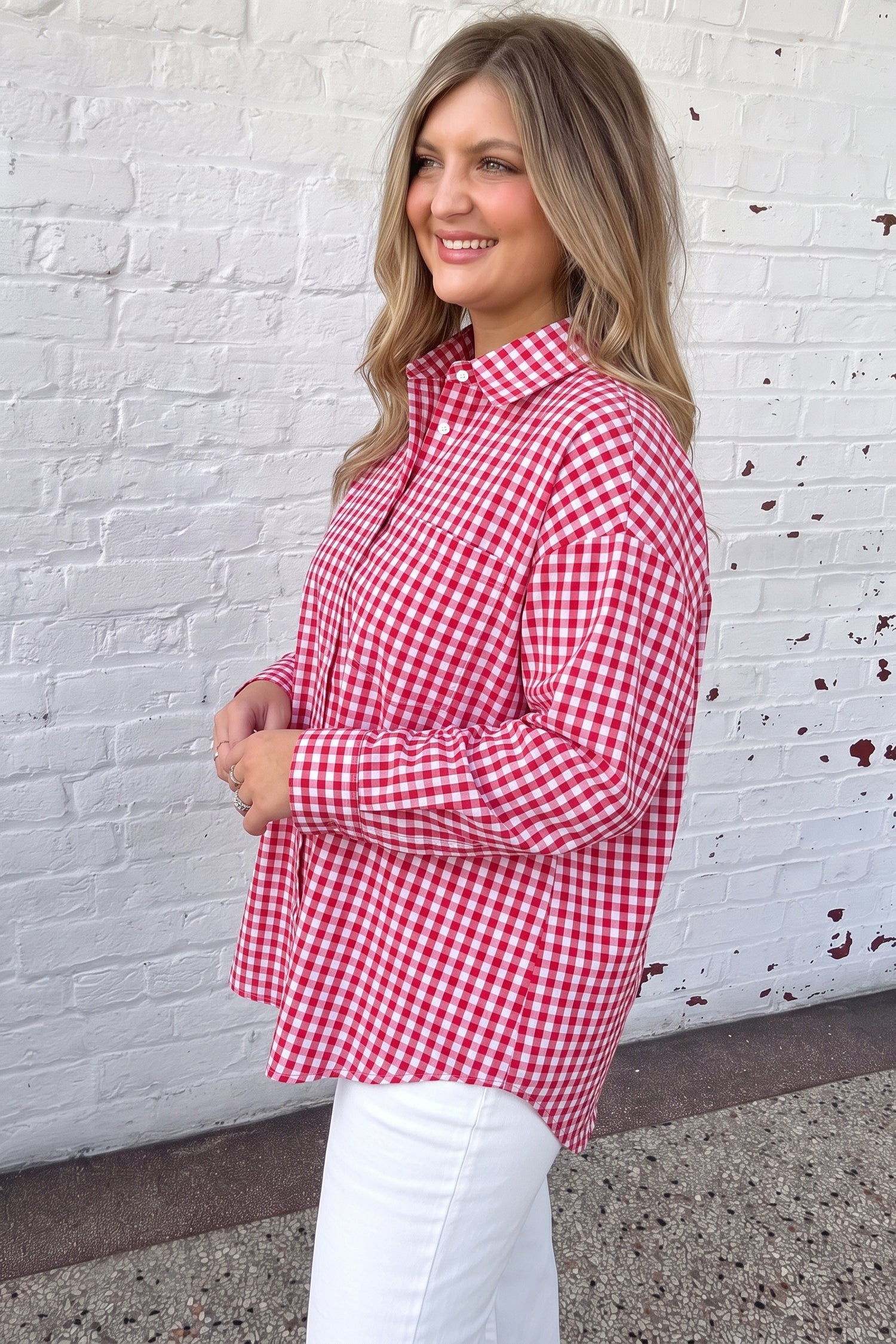 Red Plaid V Neck Long Sleeve Tunic Loose Fit Plus Size Shirt-Plus Size/Plus Size Tops/Plus Size Blouses & Shirts-[Adult]-[Female]-2022 Online Blue Zone Planet