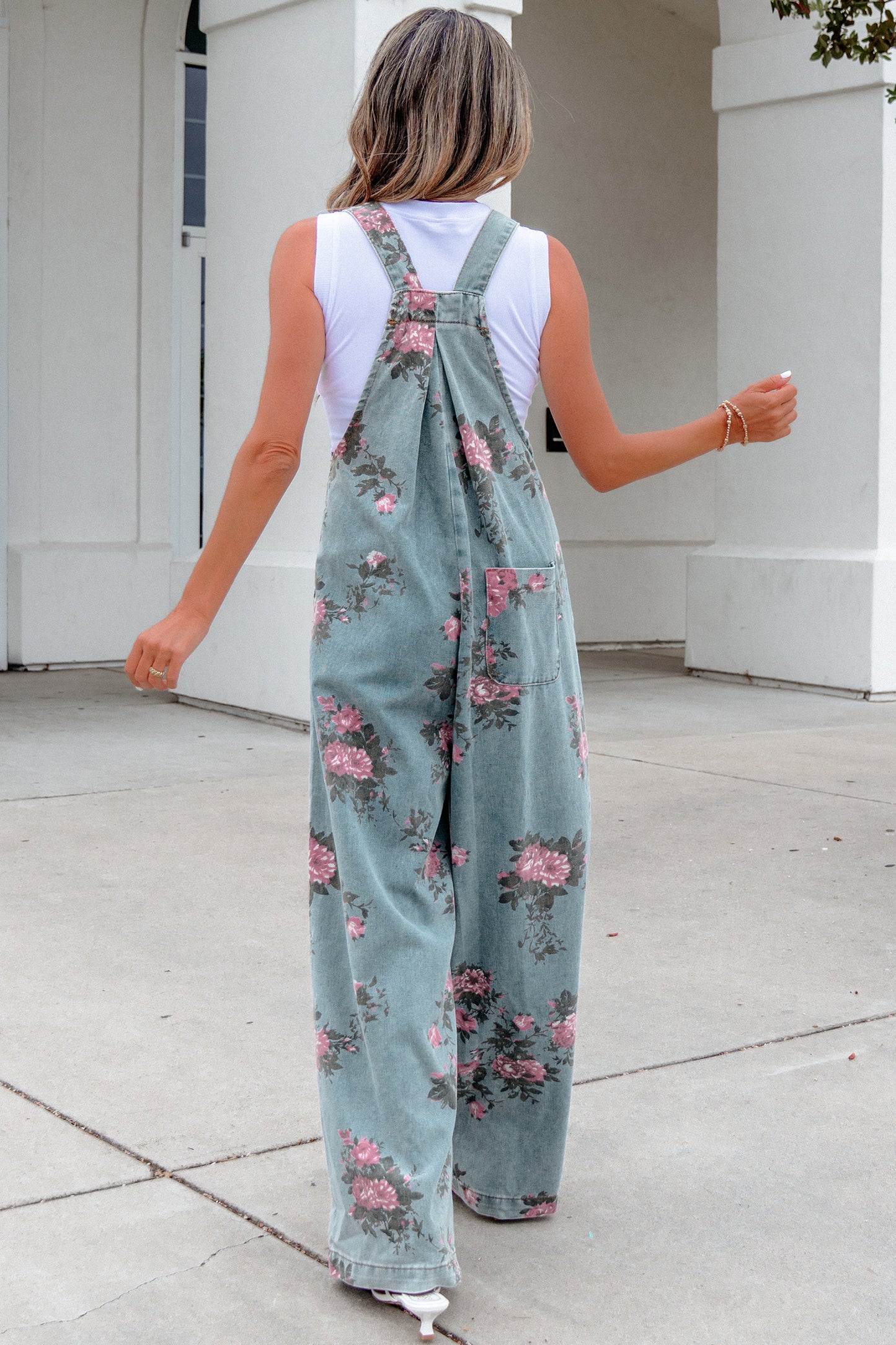 Blue Beau Floral Print Pleated High Waist Wide Leg Denim Jumpsuit-Bottoms/Jumpsuits & Rompers-[Adult]-[Female]-2022 Online Blue Zone Planet
