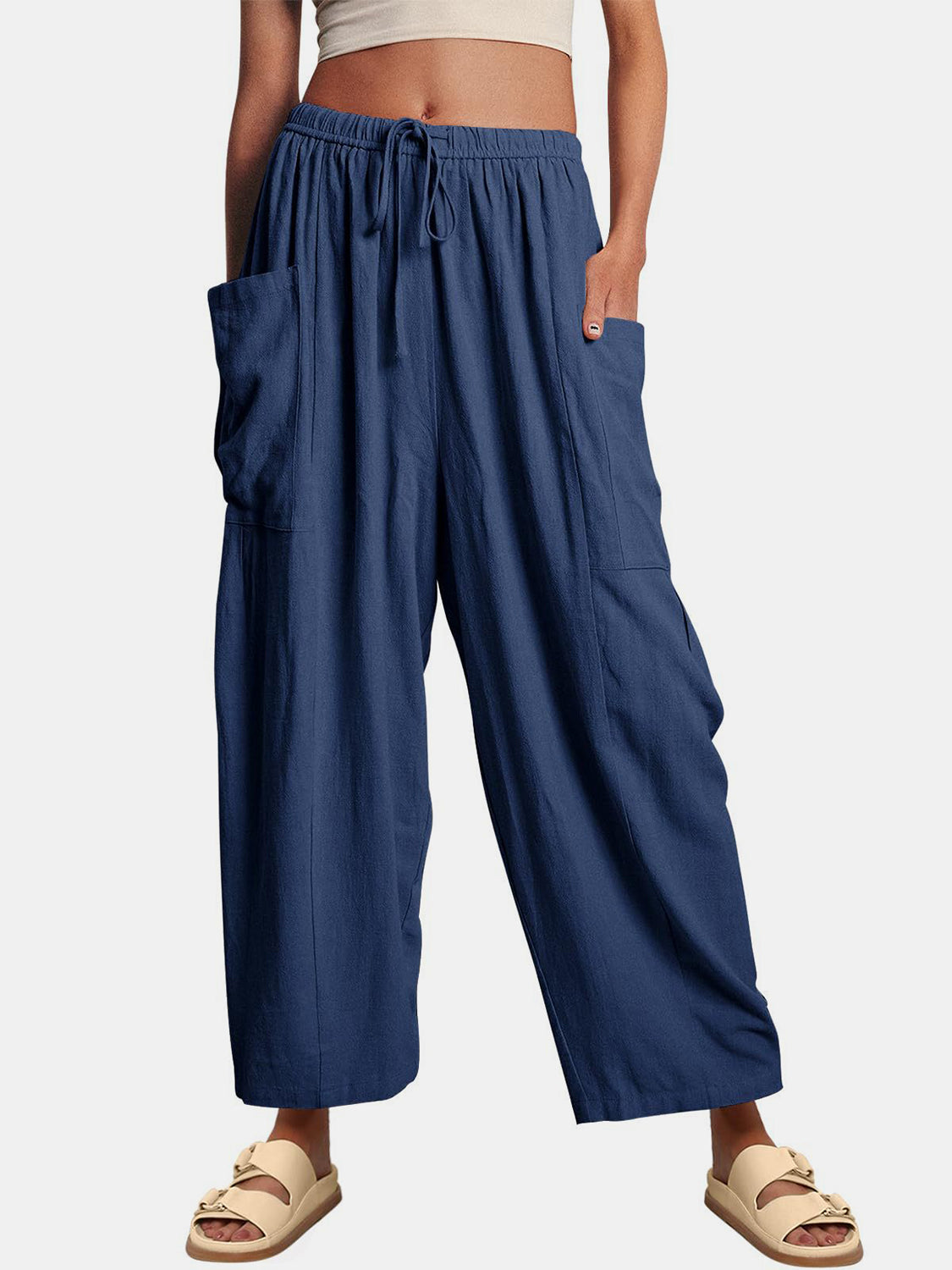 Full Size Wide Leg Pants with Pockets-BOTTOMS SIZES SMALL MEDIUM LARGE-[Adult]-[Female]-Navy-S-2022 Online Blue Zone Planet