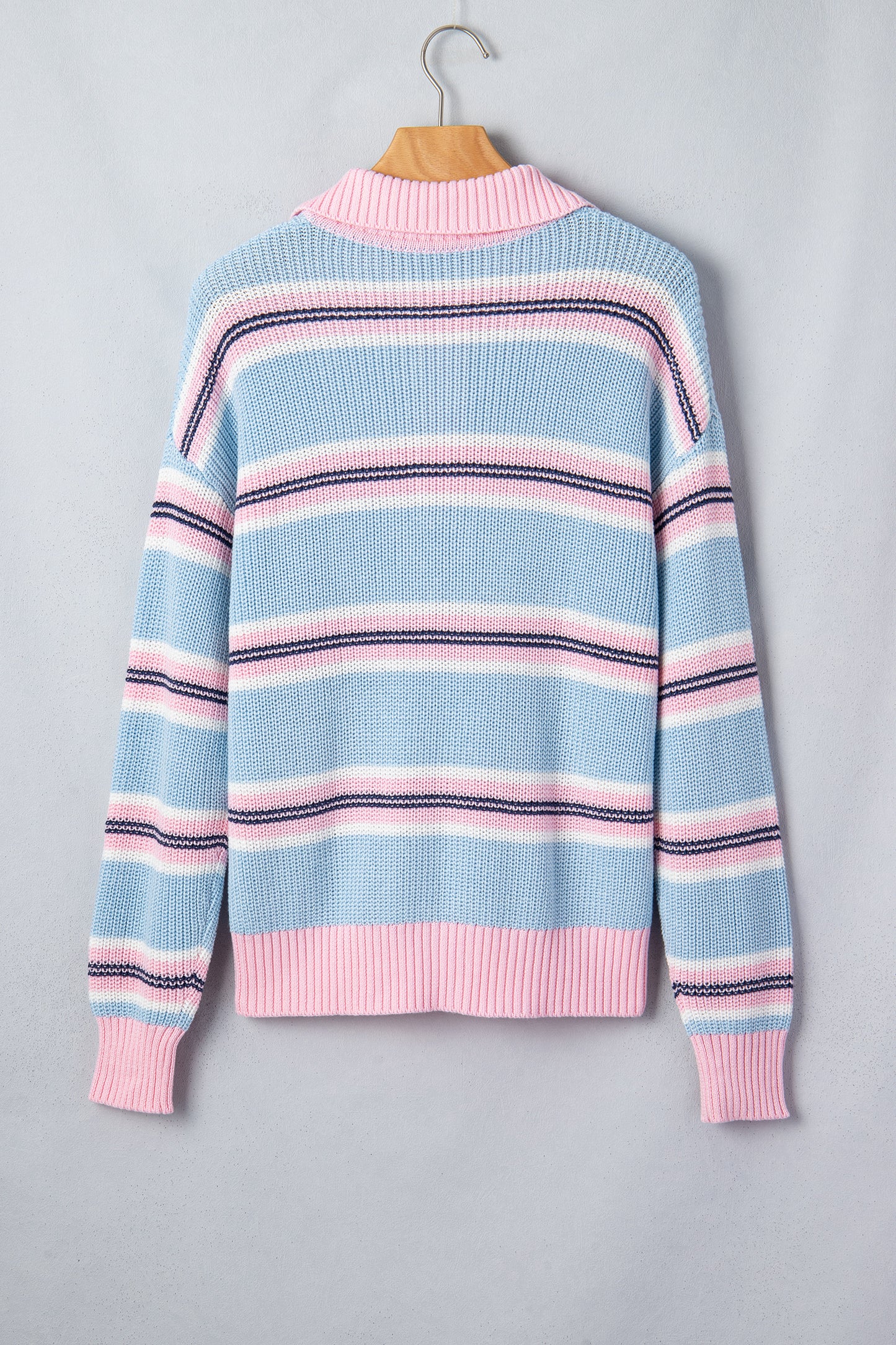 Sky Blue Stripe Striped Button Collar Long Sleeve Shift Fit Winter Knitwear Sweater-TOPS / DRESSES-[Adult]-[Female]-2022 Online Blue Zone Planet